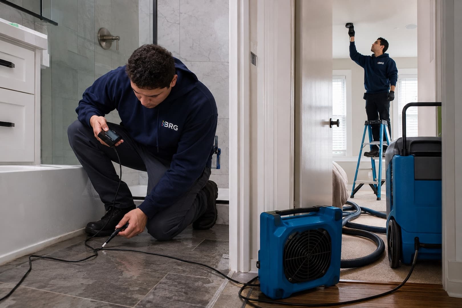 Technician tracing bathtub overflow water through the bathroom floor