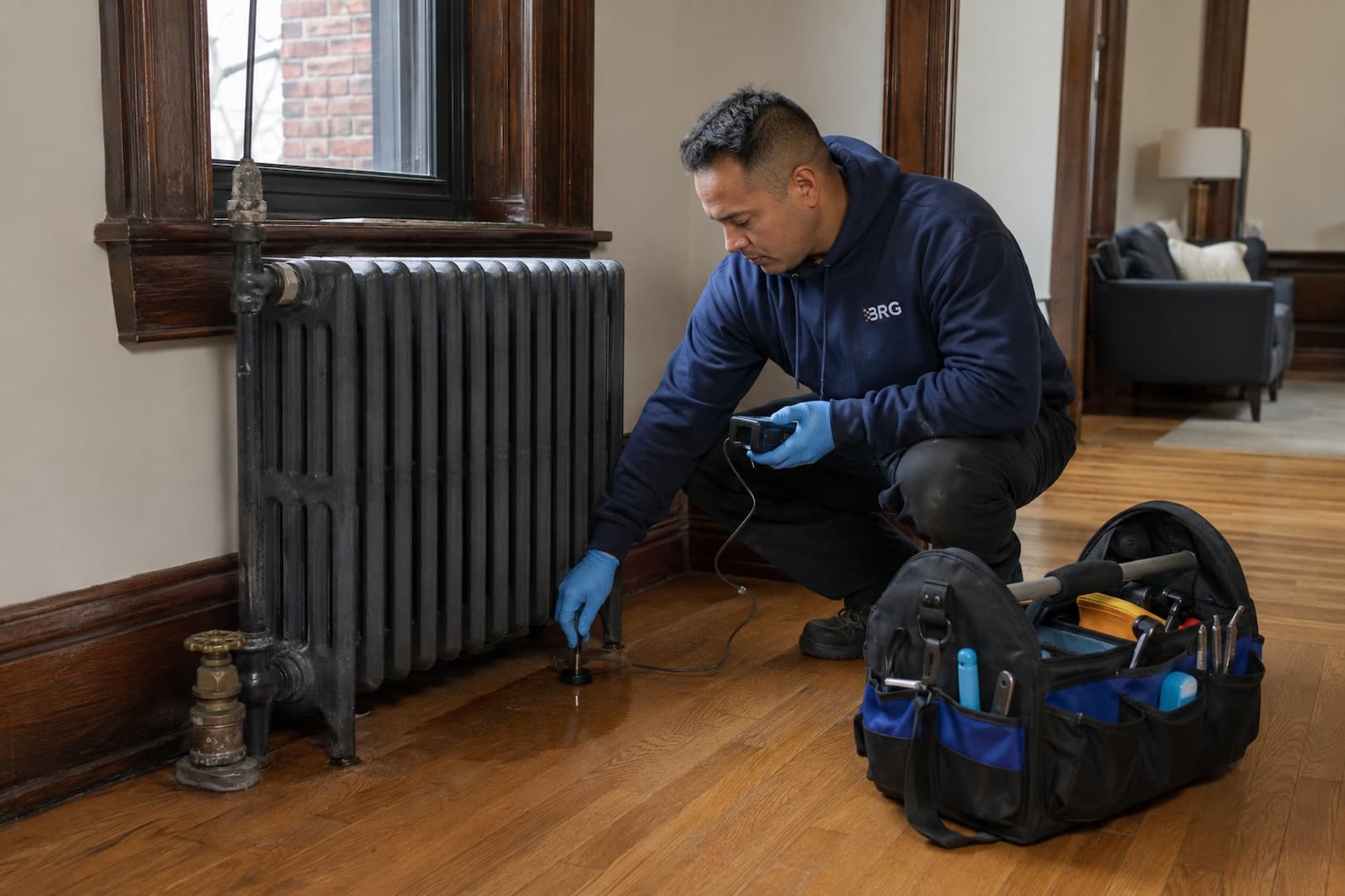 BRG assessing water damage after a boiler or radiator leak in Boston