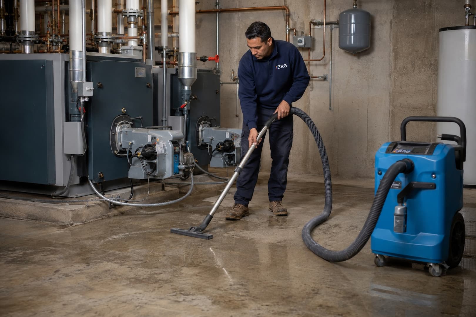 Water extraction in a boiler room after heating system repair