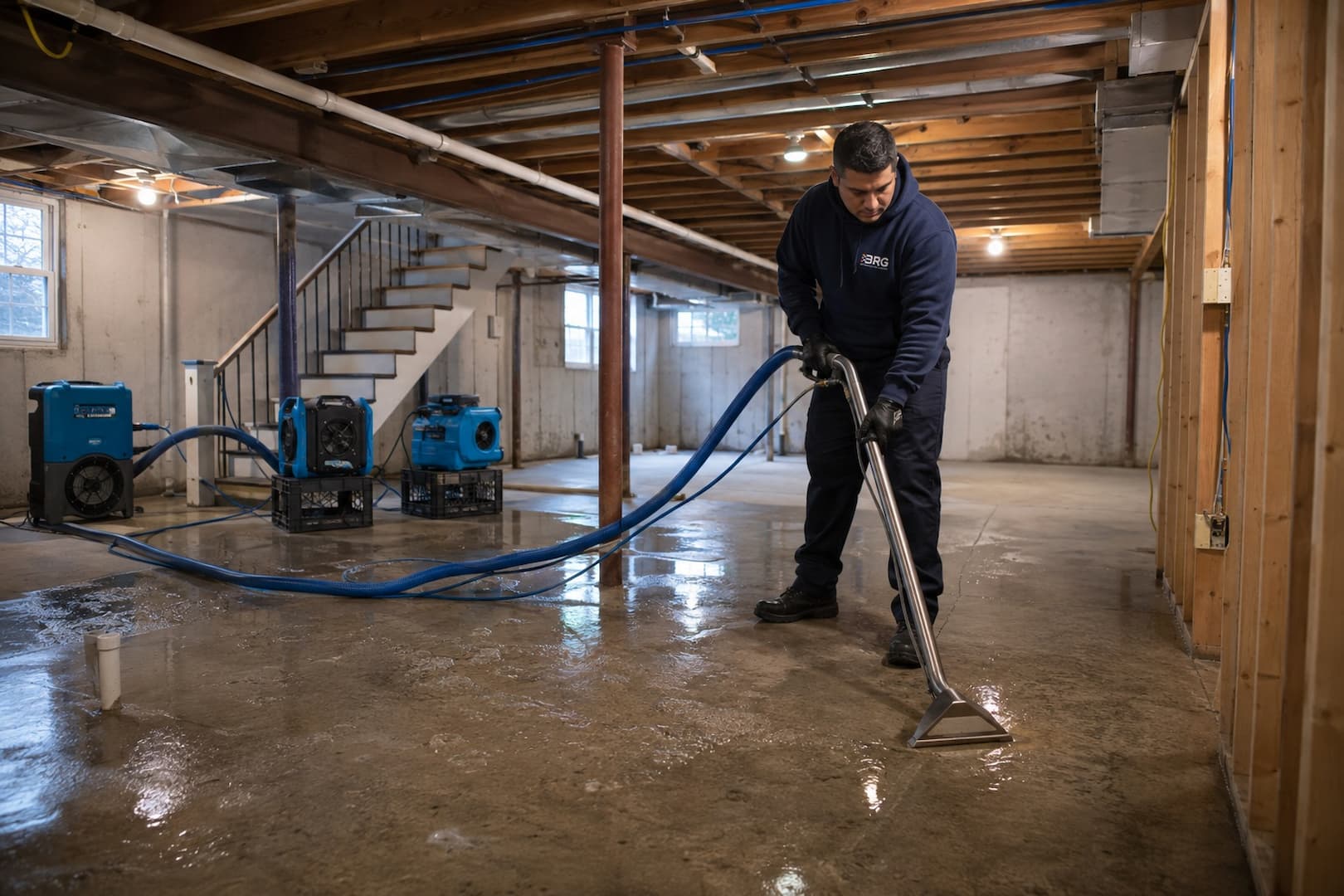 BRG specialist performing emergency standing water extraction in Boston