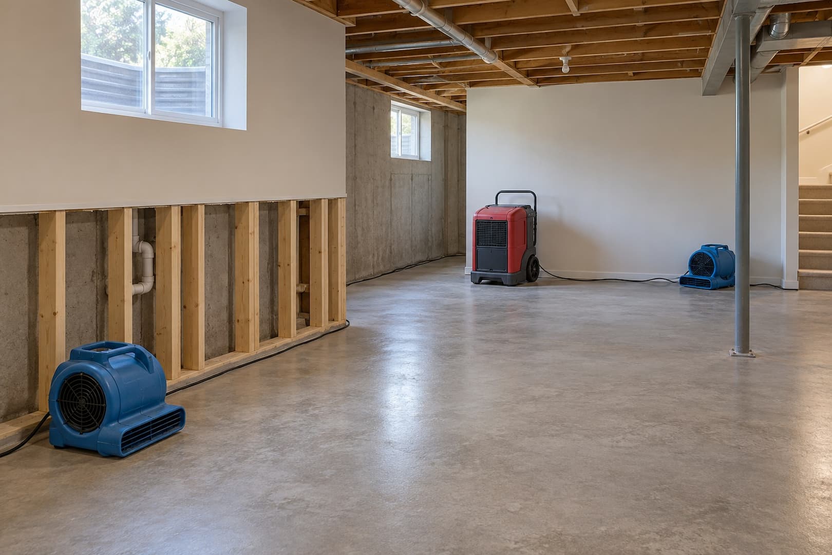 Dehumidifier and air movers in a clean finished basement