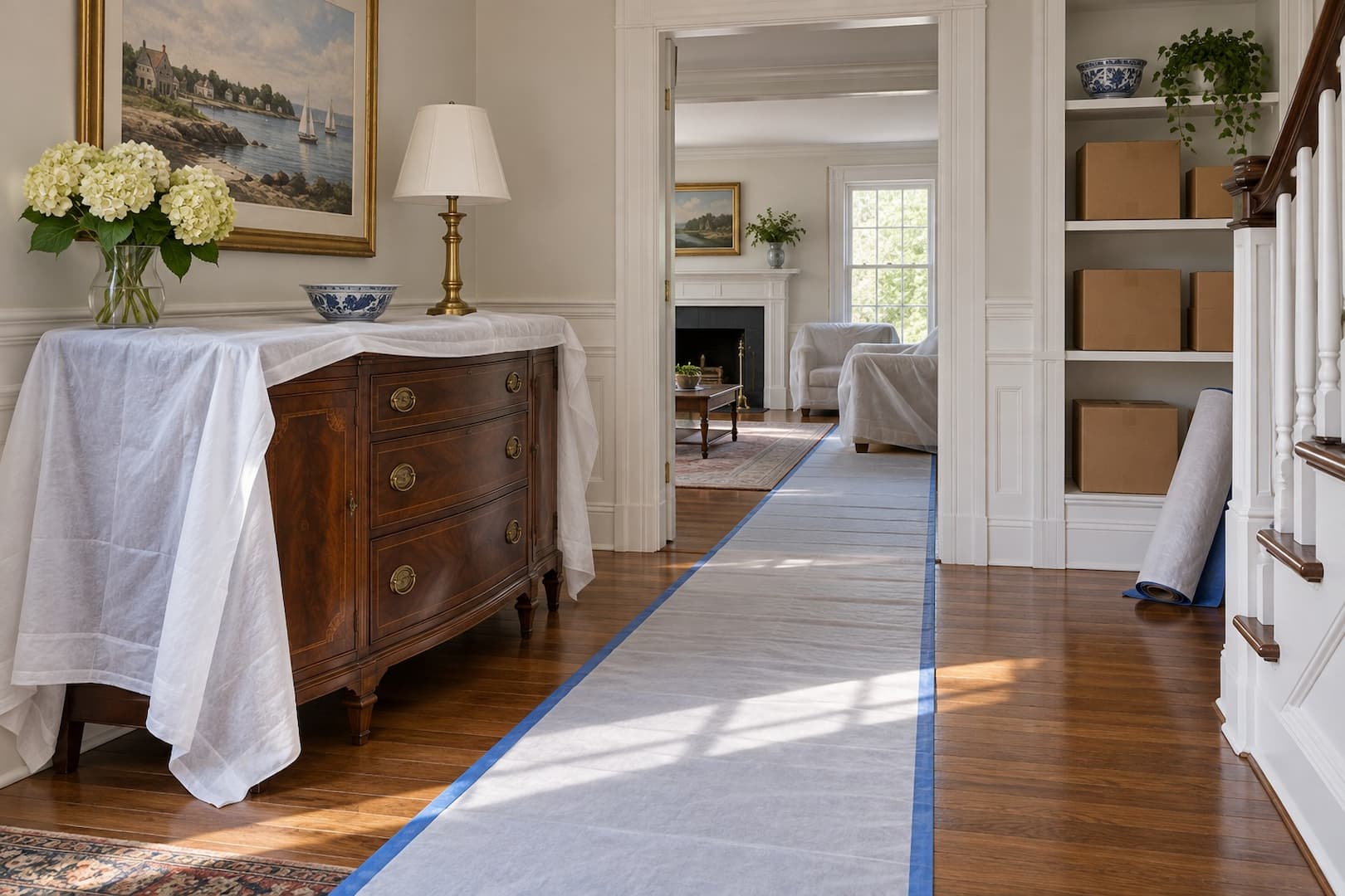 Protected wooden furniture and unmarked boxes beside a clear walkway