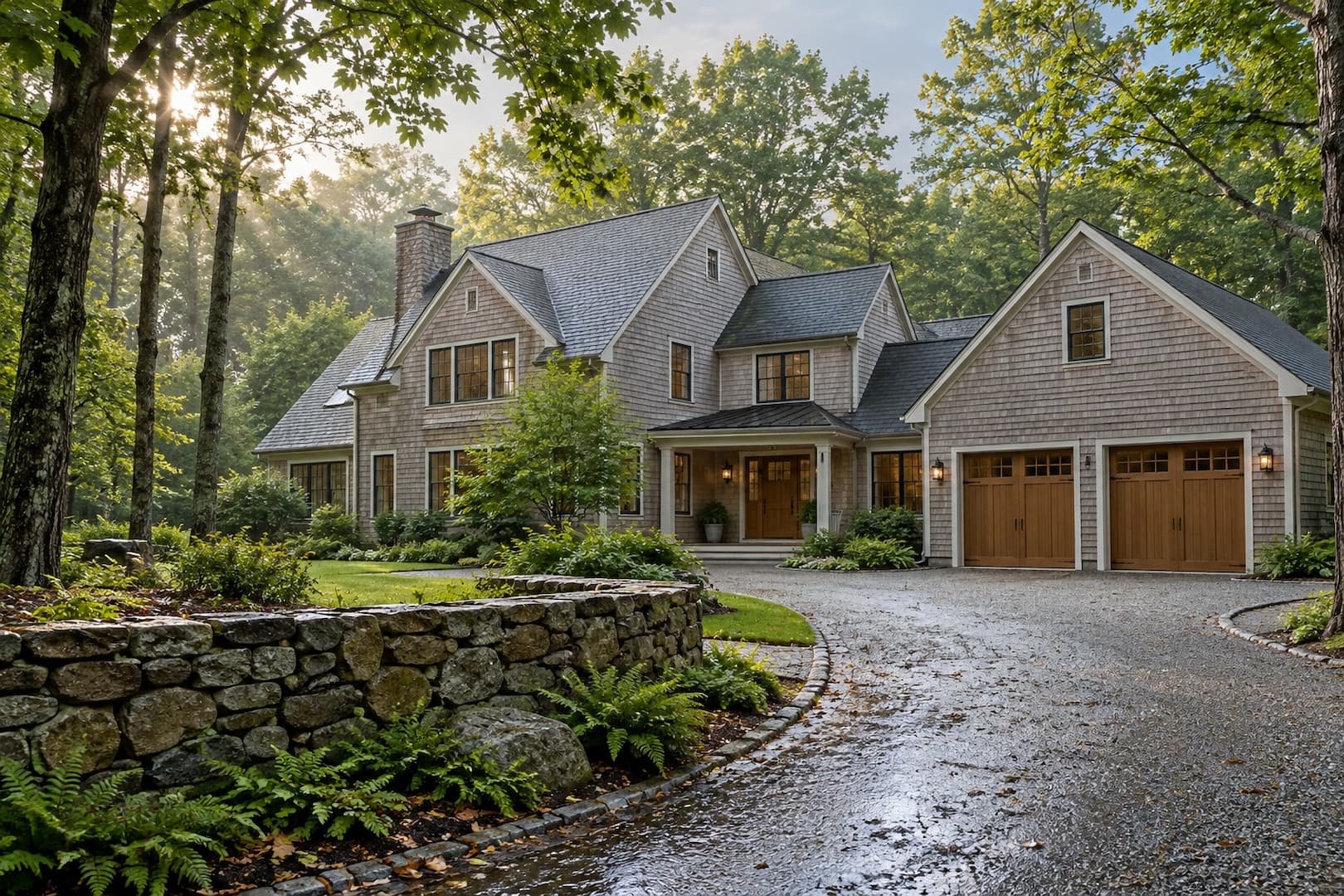 Cedar-sided house on a wooded property with a stone wall
