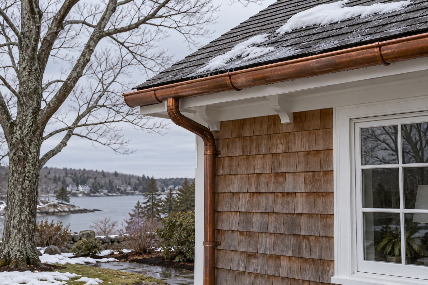 Roof edge, gutter and upper wall of a wooded New England home