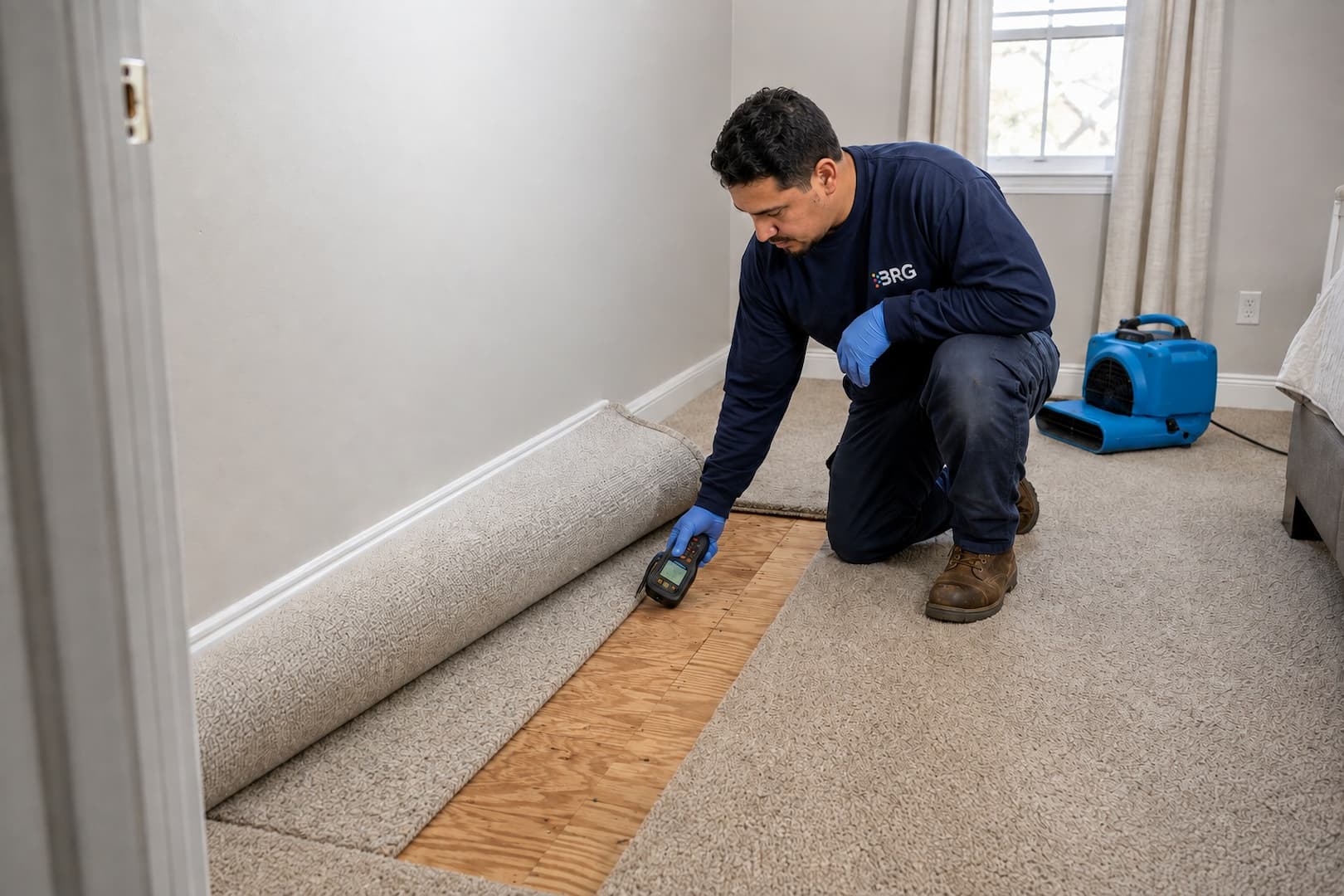 Carpet cushion and subfloor inspection after water damage