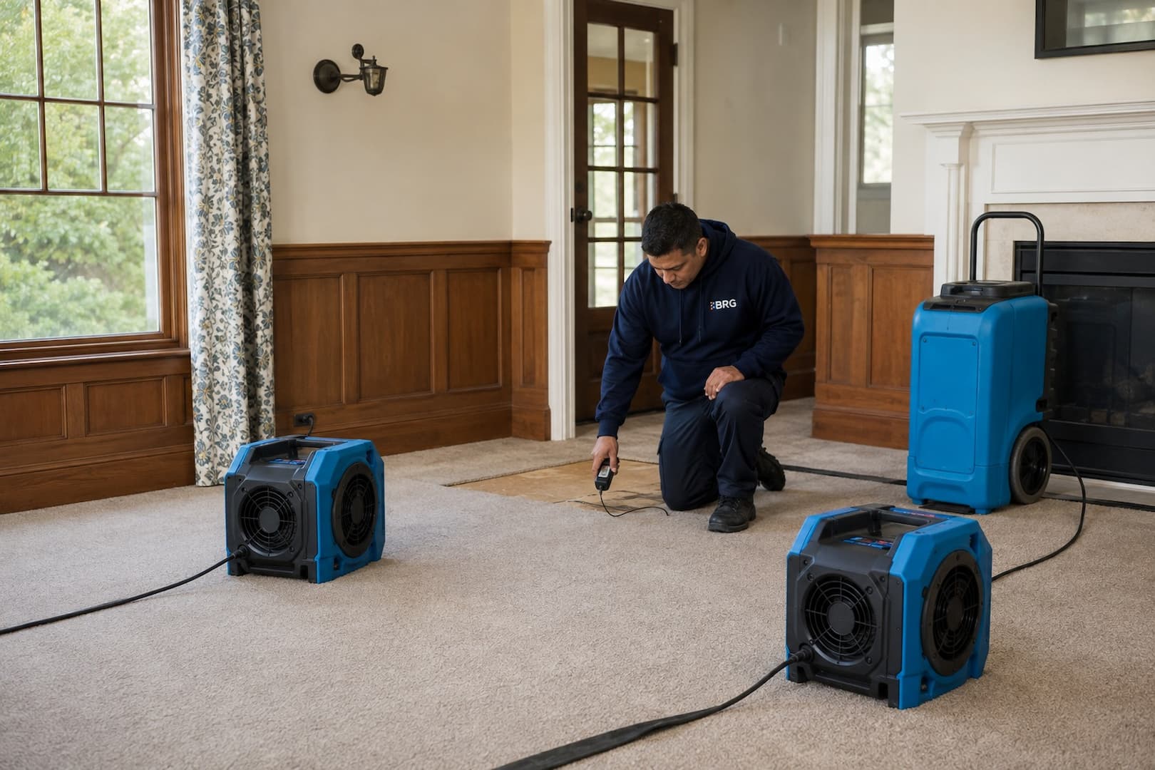 Air movers and dehumidifier drying carpet and floor materials