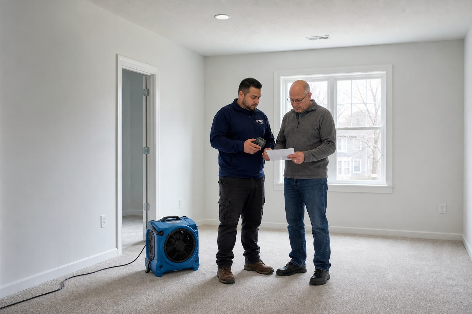 BRG technician reviewing carpet drying records with property owner