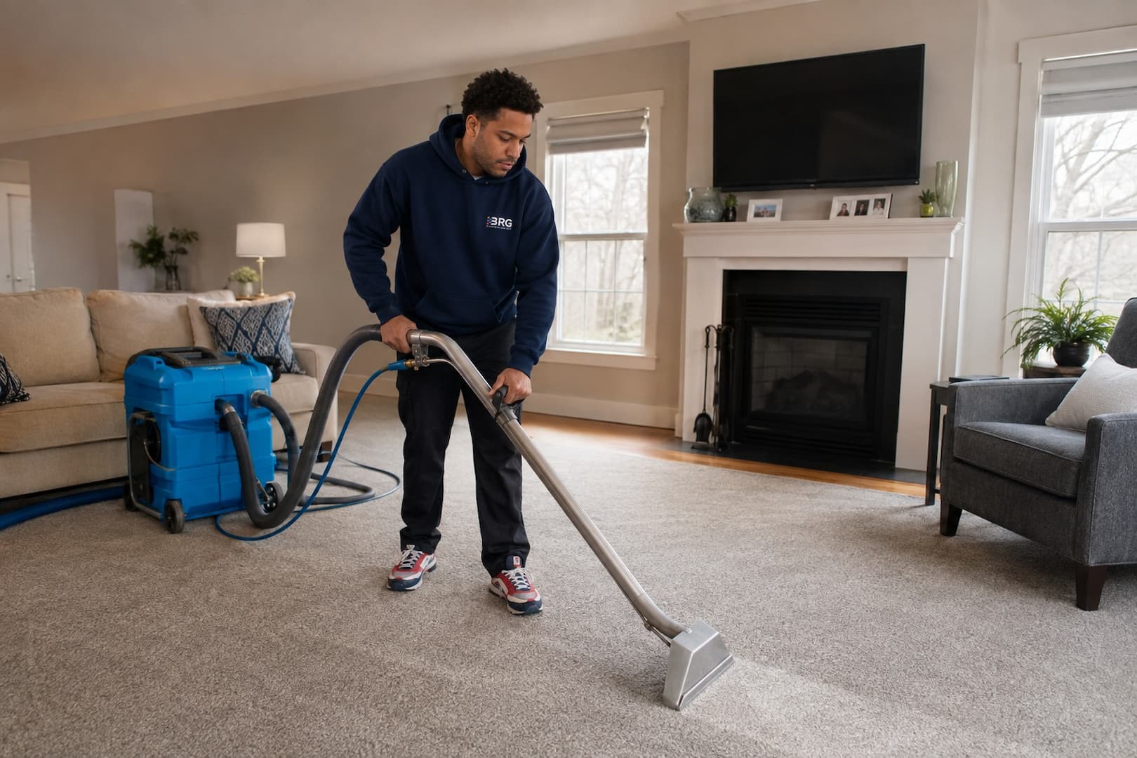 BRG technician extracting water from carpet in a Boston property