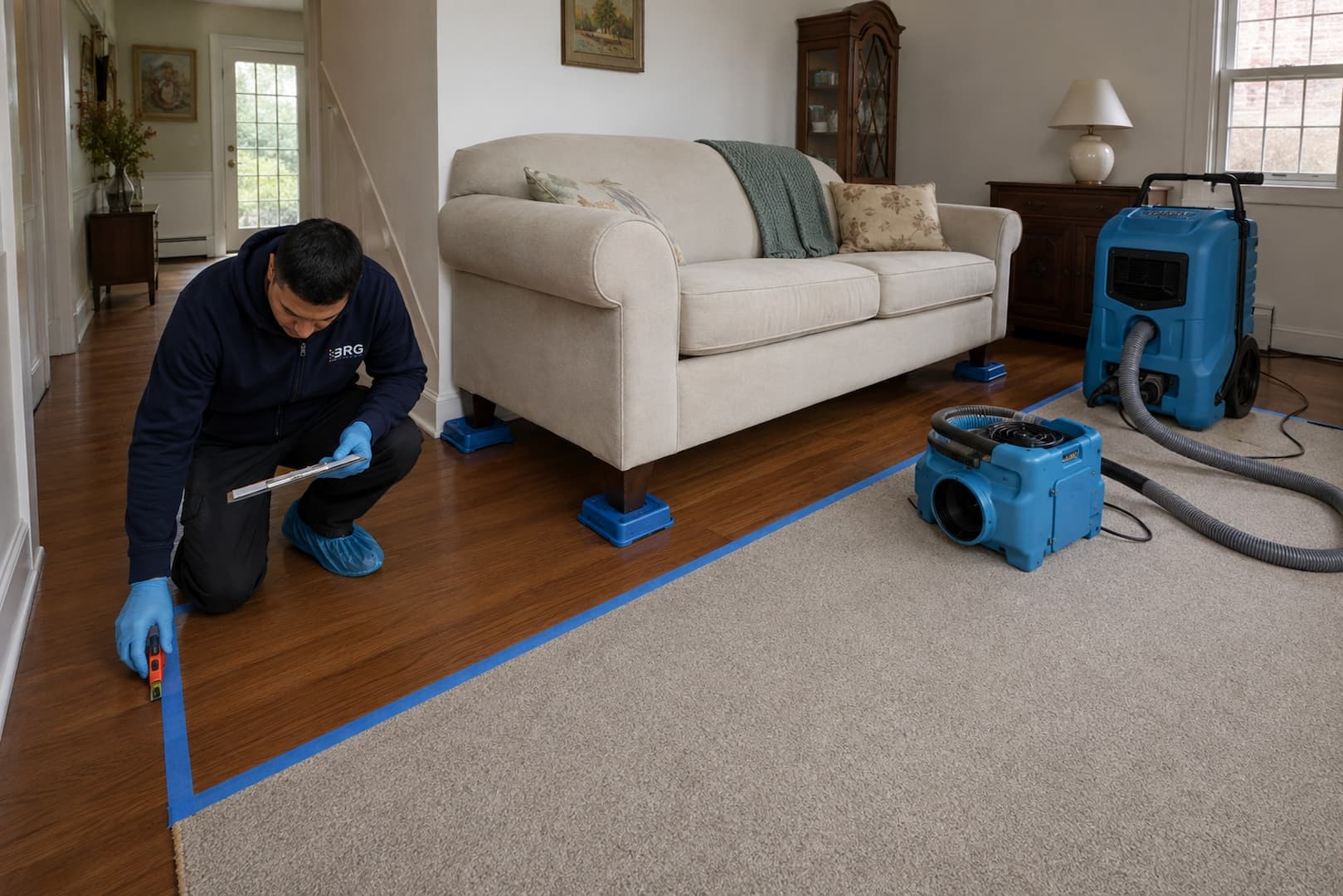 Furniture protected during carpet water damage drying