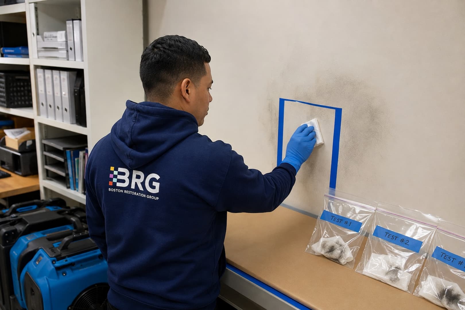 Technician performing a soot cleaning test on a commercial surface