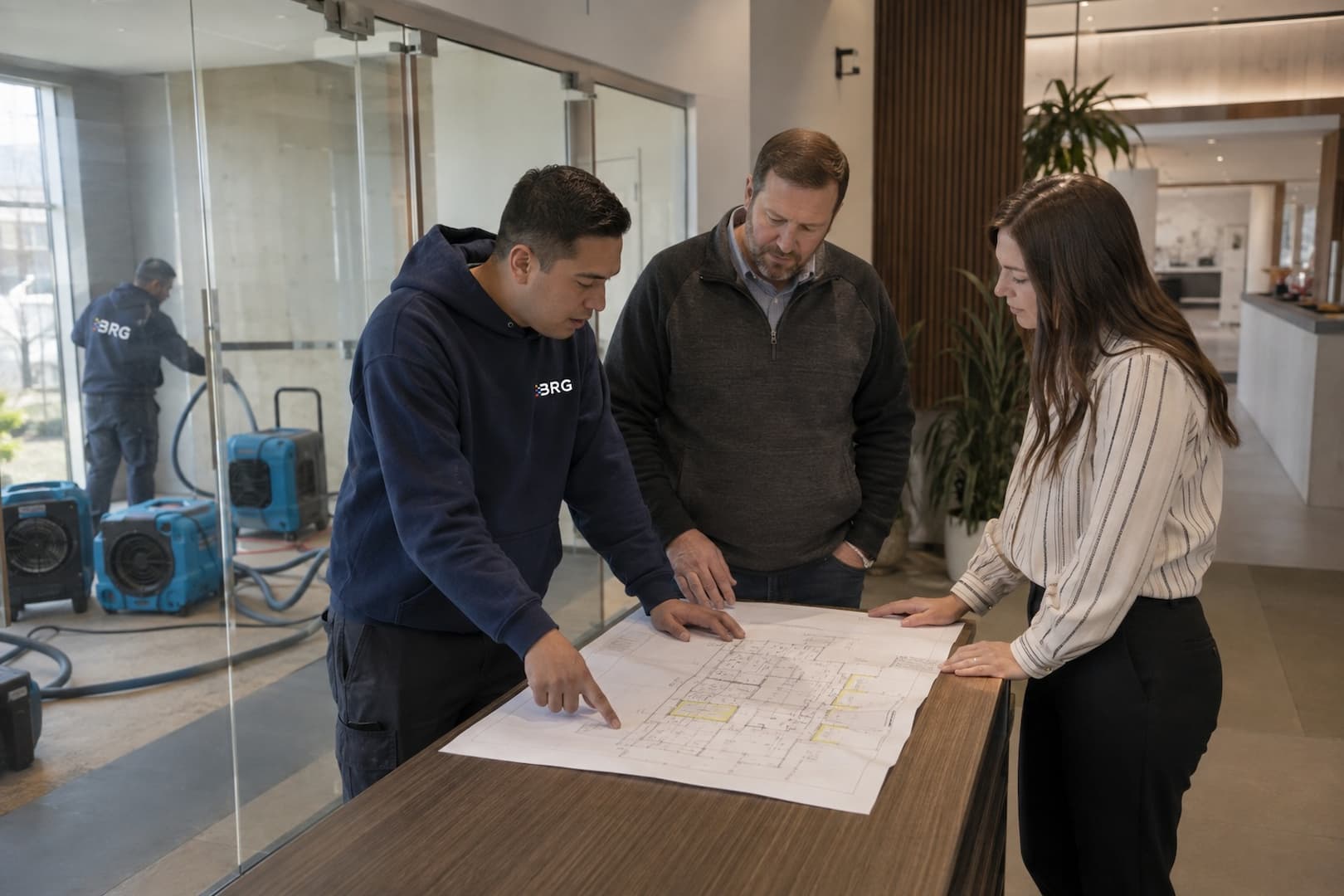 BRG and property team reviewing a commercial fire restoration plan