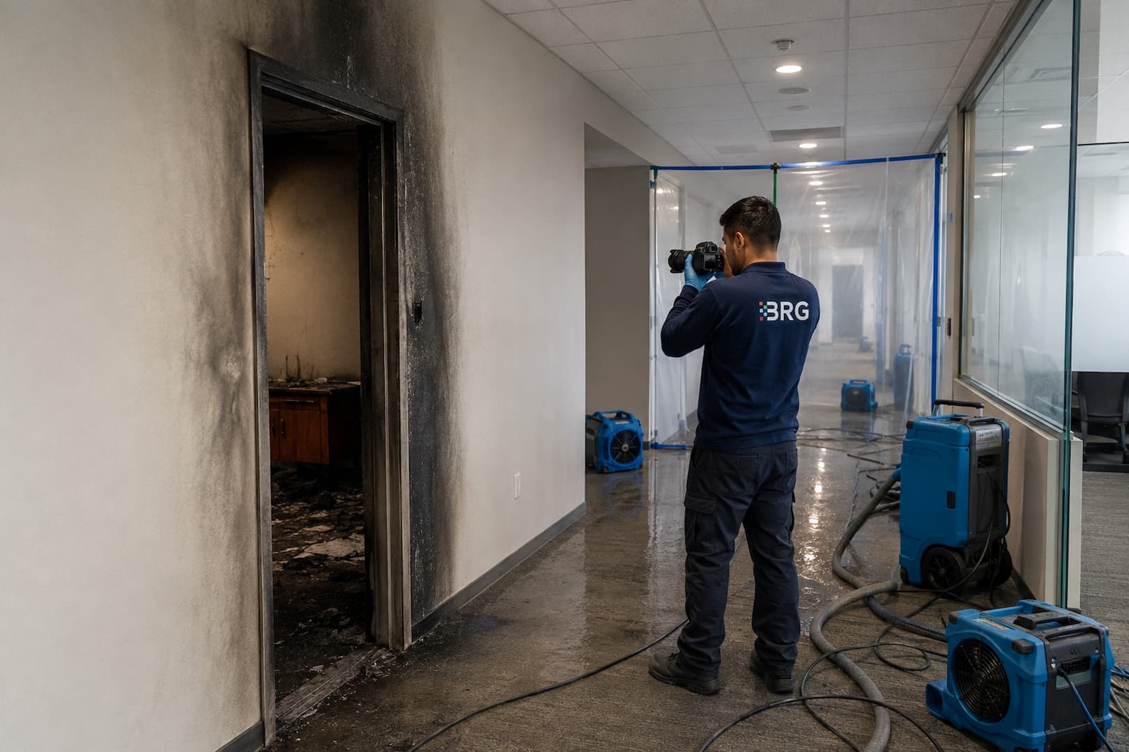 BRG specialist assessing smoke residue in a commercial corridor