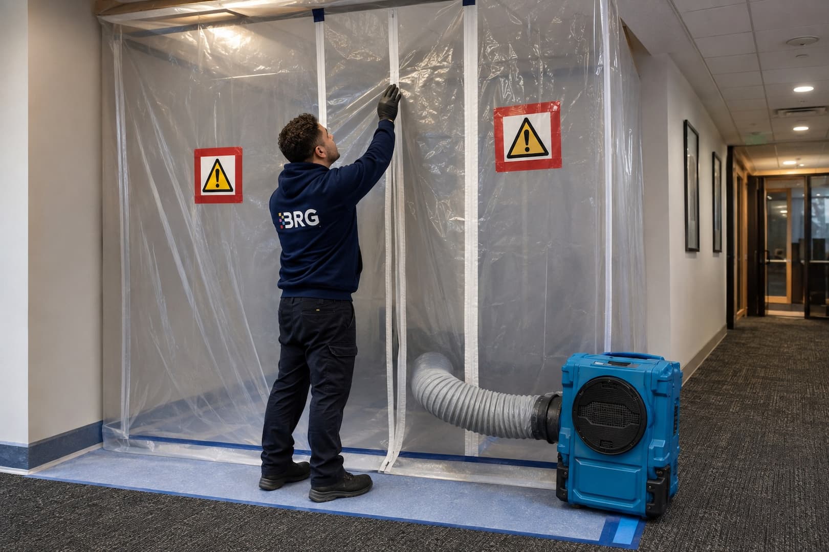 Commercial mold remediation containment with controlled entry