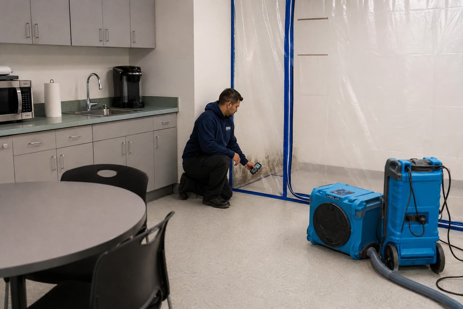 BRG technician assessing a commercial moisture source associated with mold