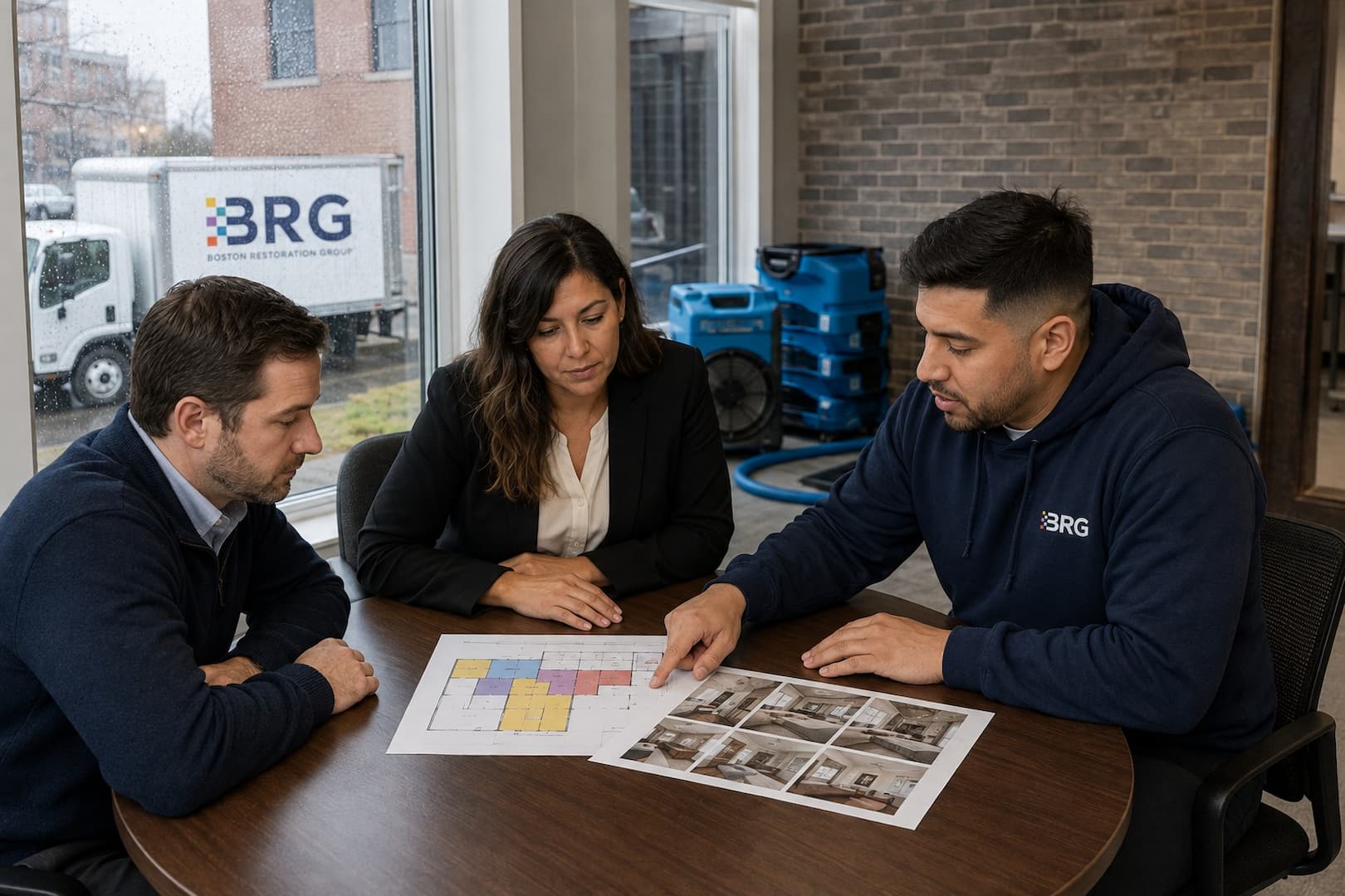 Commercial property team reviewing restoration priorities