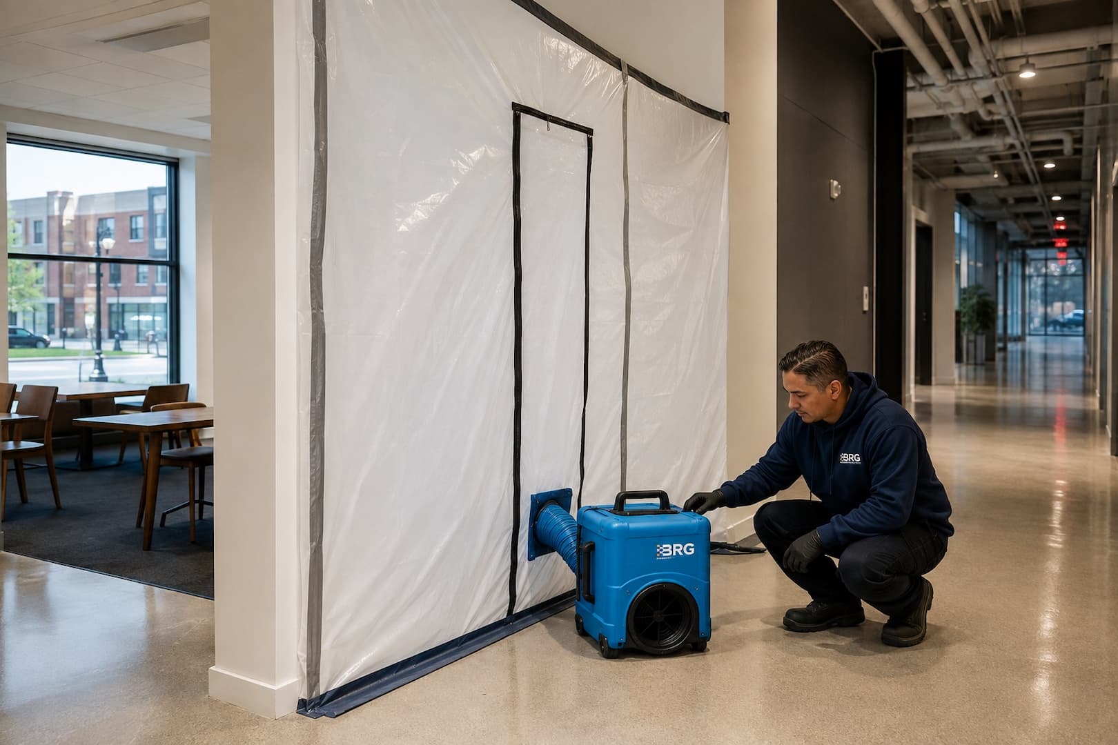 Contained specialty restoration work zone in an occupied building