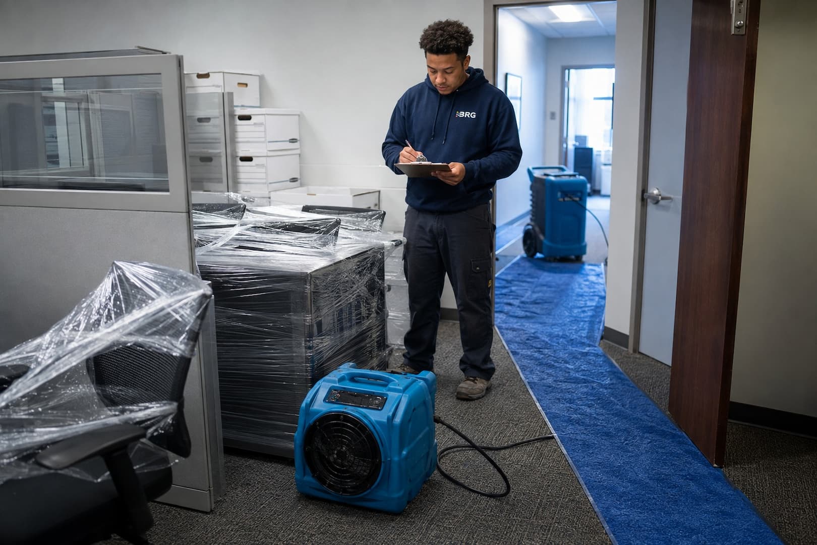 Office contents protected during water damage restoration