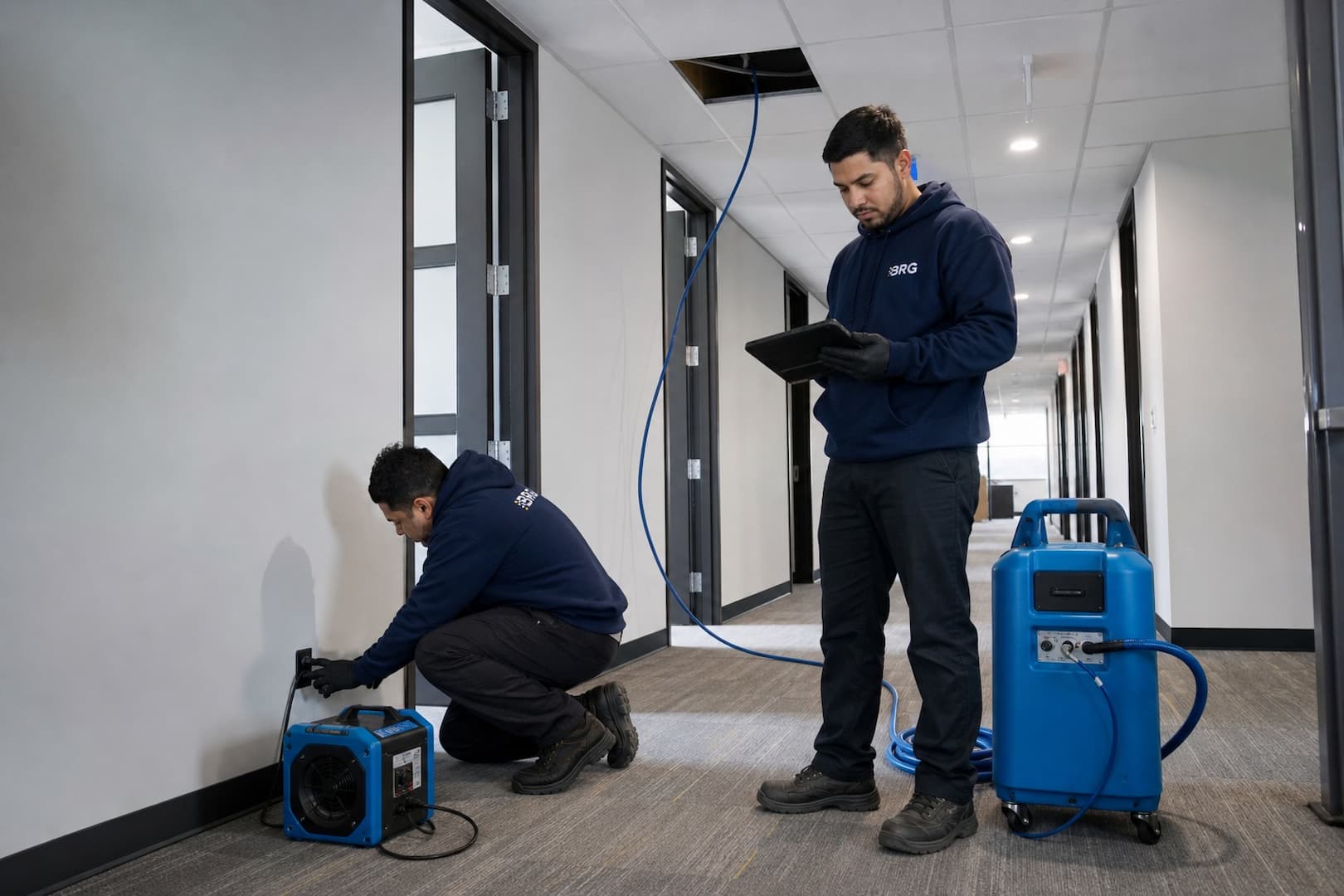 Technician mapping commercial water damage across floors and rooms
