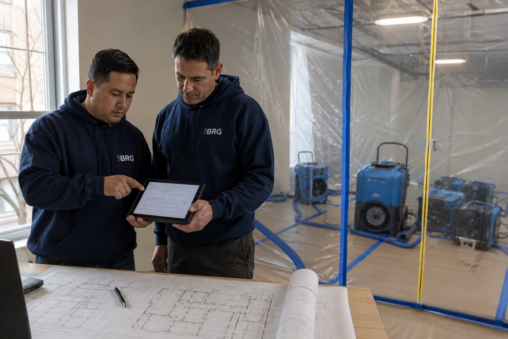 Facility manager and BRG lead reviewing water damage progress