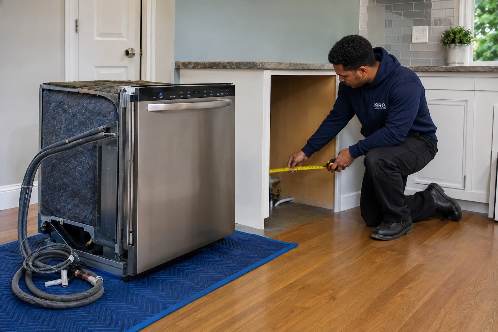 Technician assessing moisture in the dishwasher appliance recess