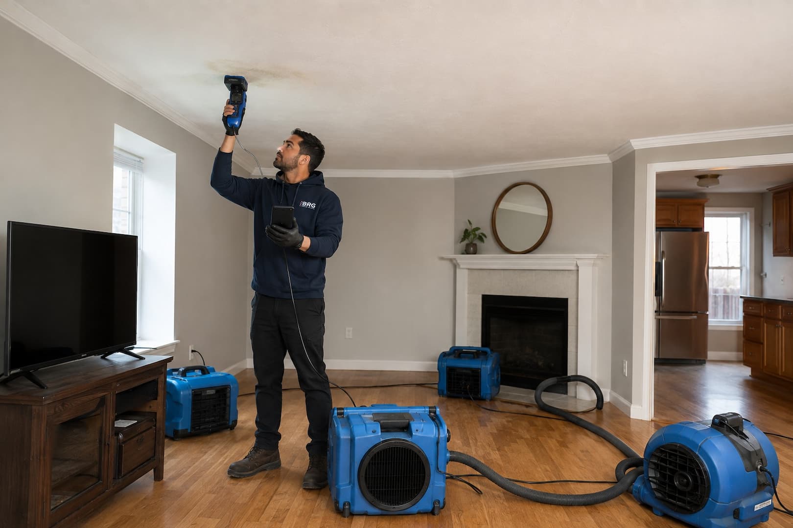 Ceiling below a dishwasher leak being documented
