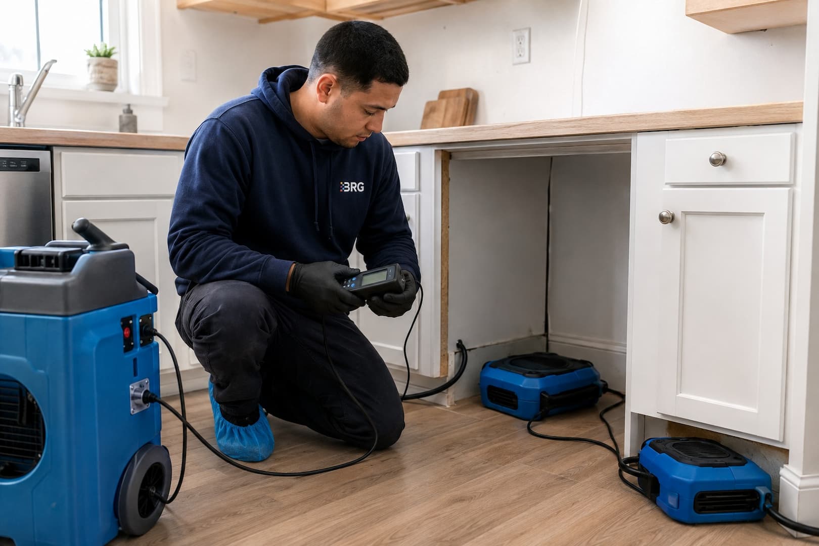 Controlled floor and cabinet drying after a dishwasher overflow