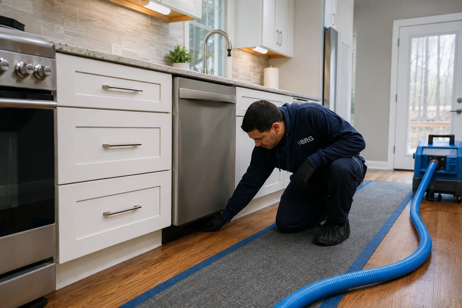 BRG responding to dishwasher overflow water damage in a Boston kitchen
