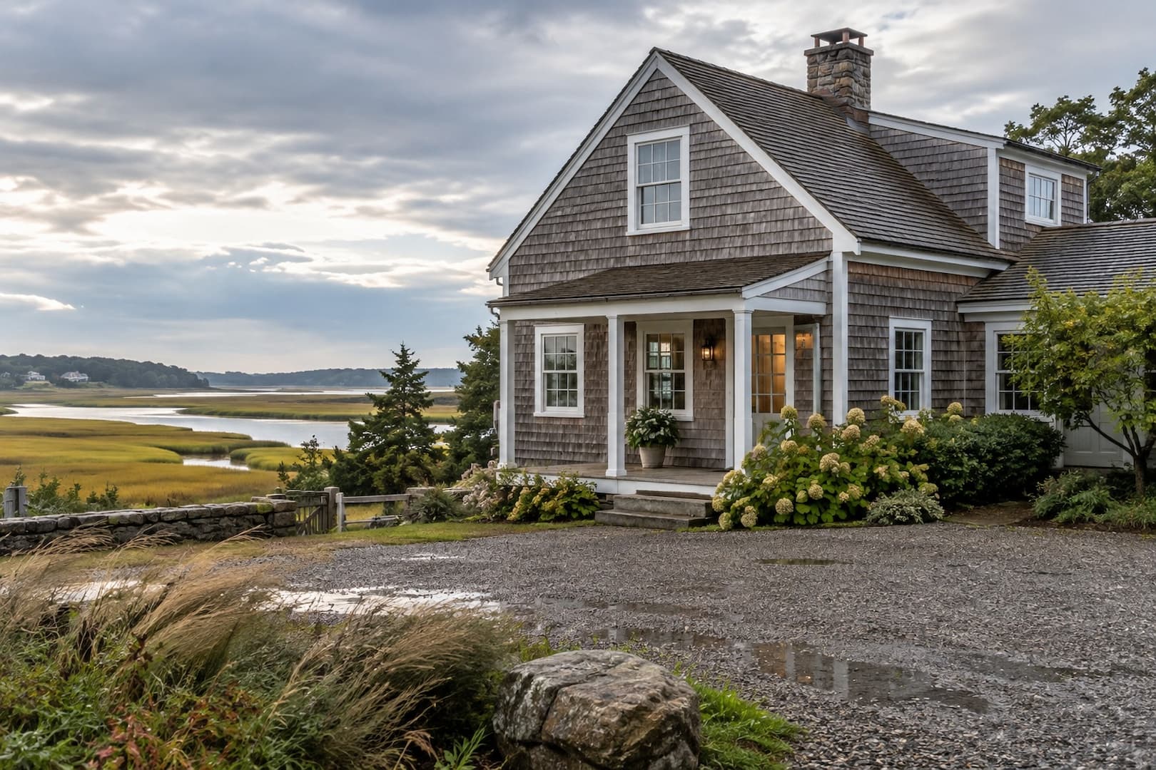 Cedar-shingle house overlooking a coastal marsh after rain