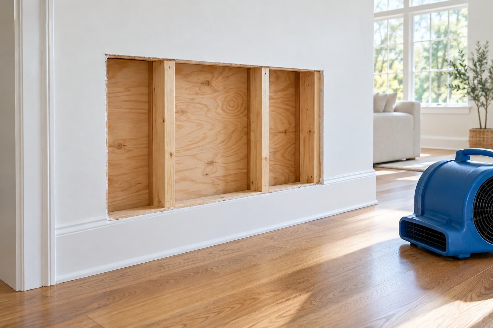 Opened lower wall beside retained wood flooring and drying equipment