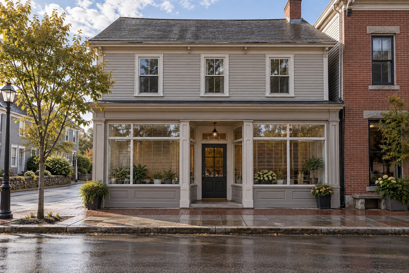 Clapboard mixed-use building with shop windows on a quiet street