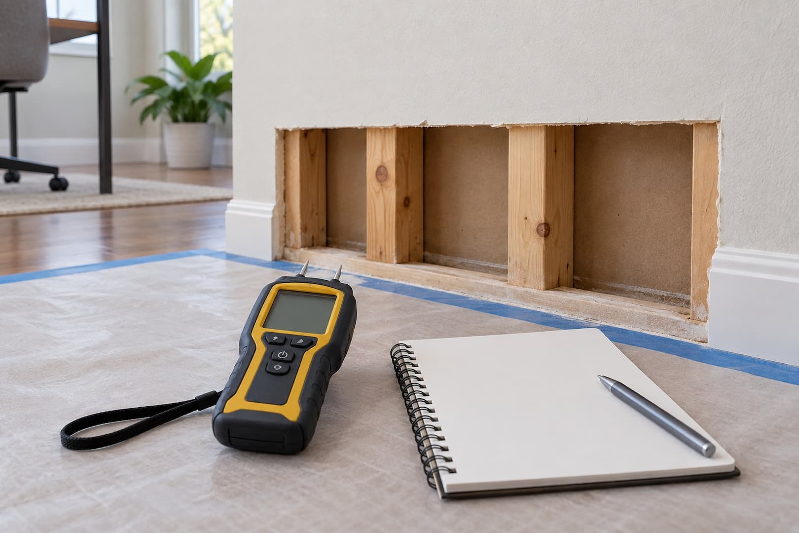 Moisture inspection of a wall beside a protected office floor