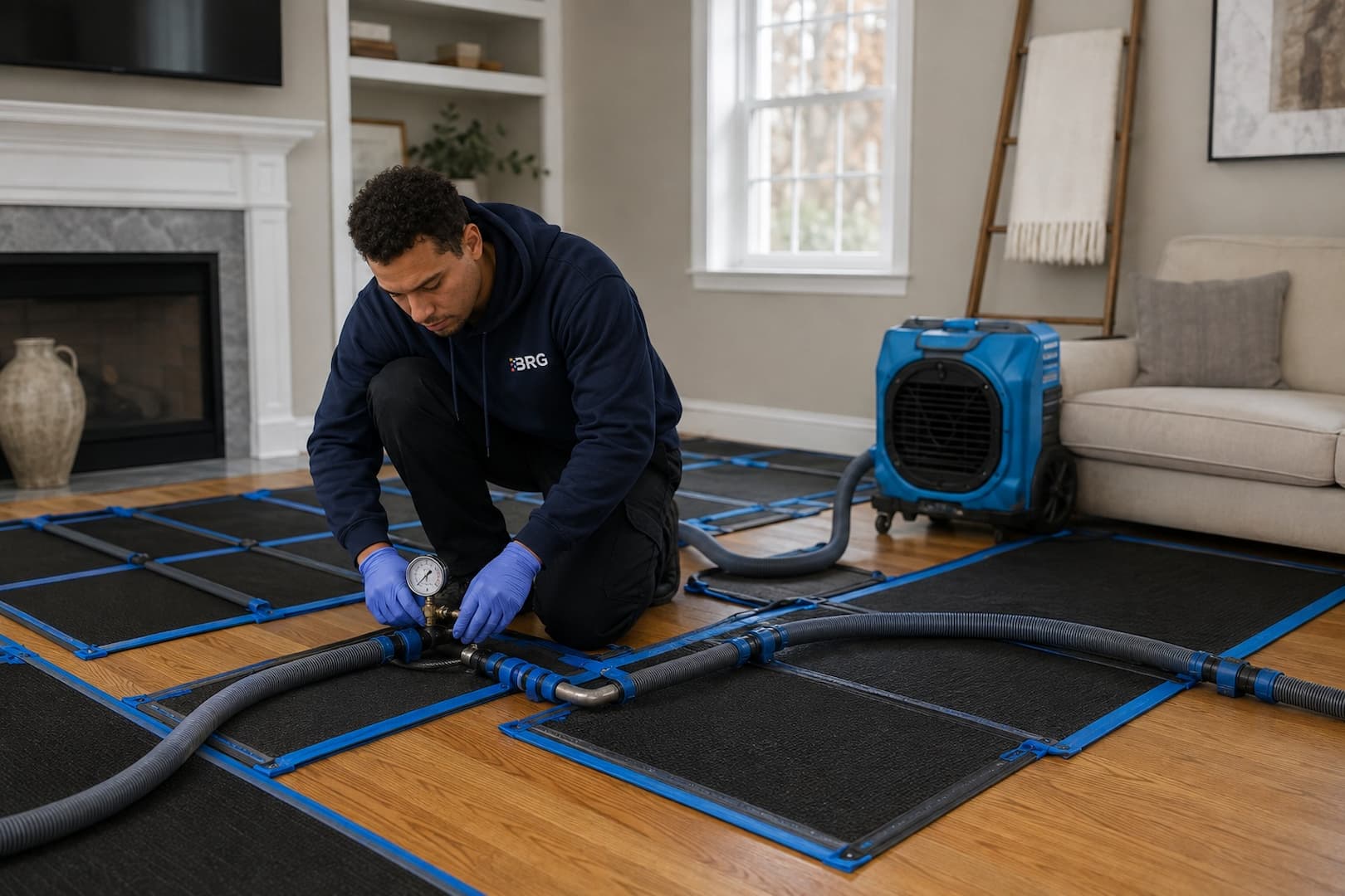 Controlled drying setup for water-damaged hardwood flooring