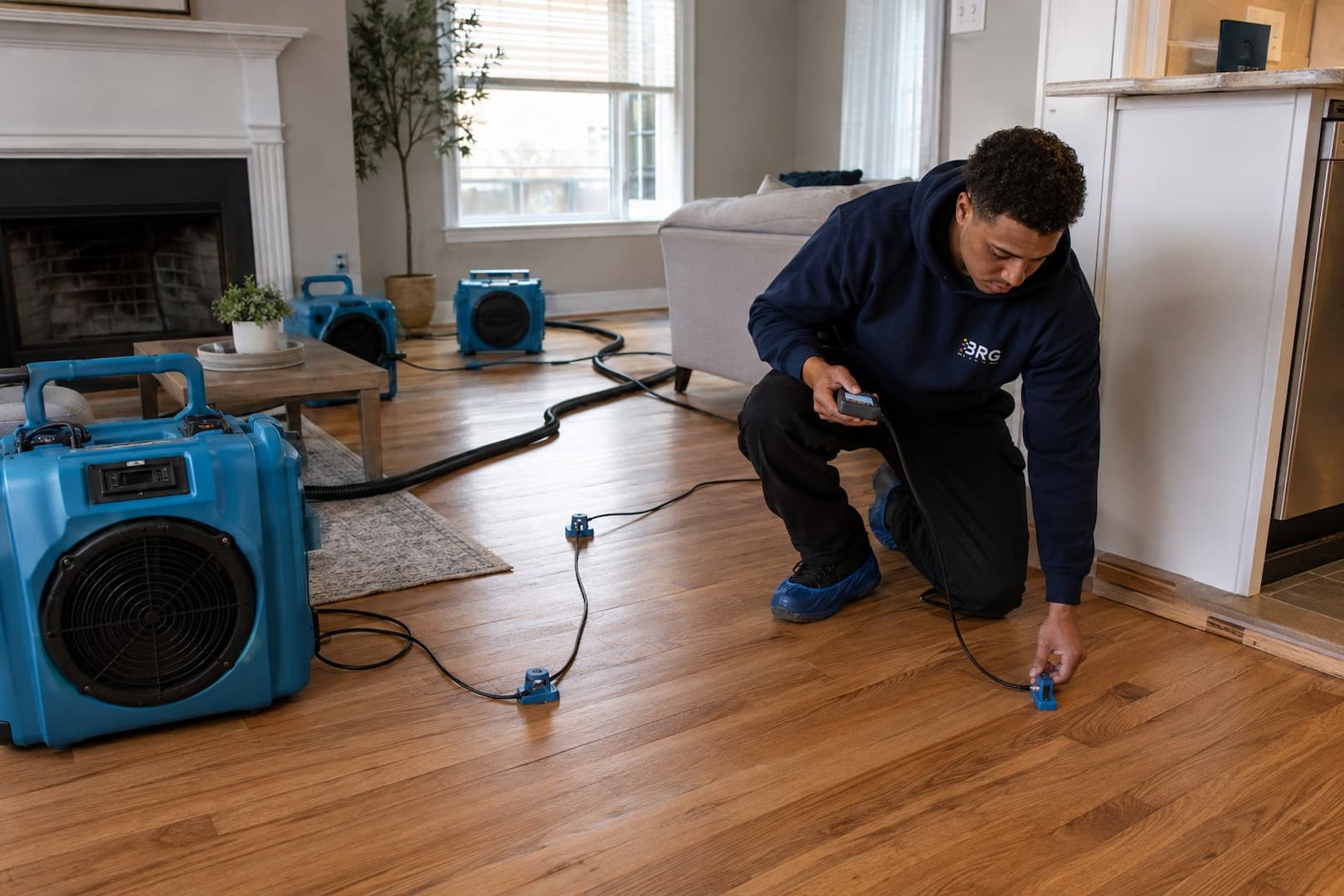 BRG technician assessing water-damaged hardwood flooring in Boston