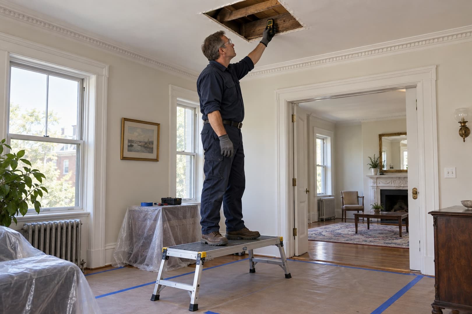 Technician checking moisture near a ceiling opening in an older apartment