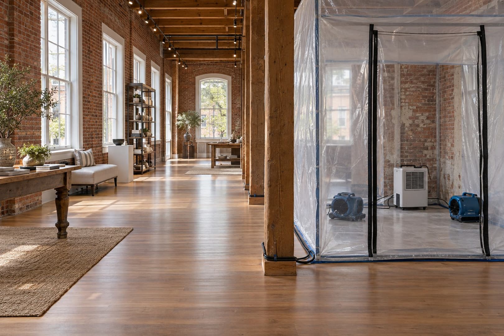 Drying equipment and a separated work area inside a brick commercial space