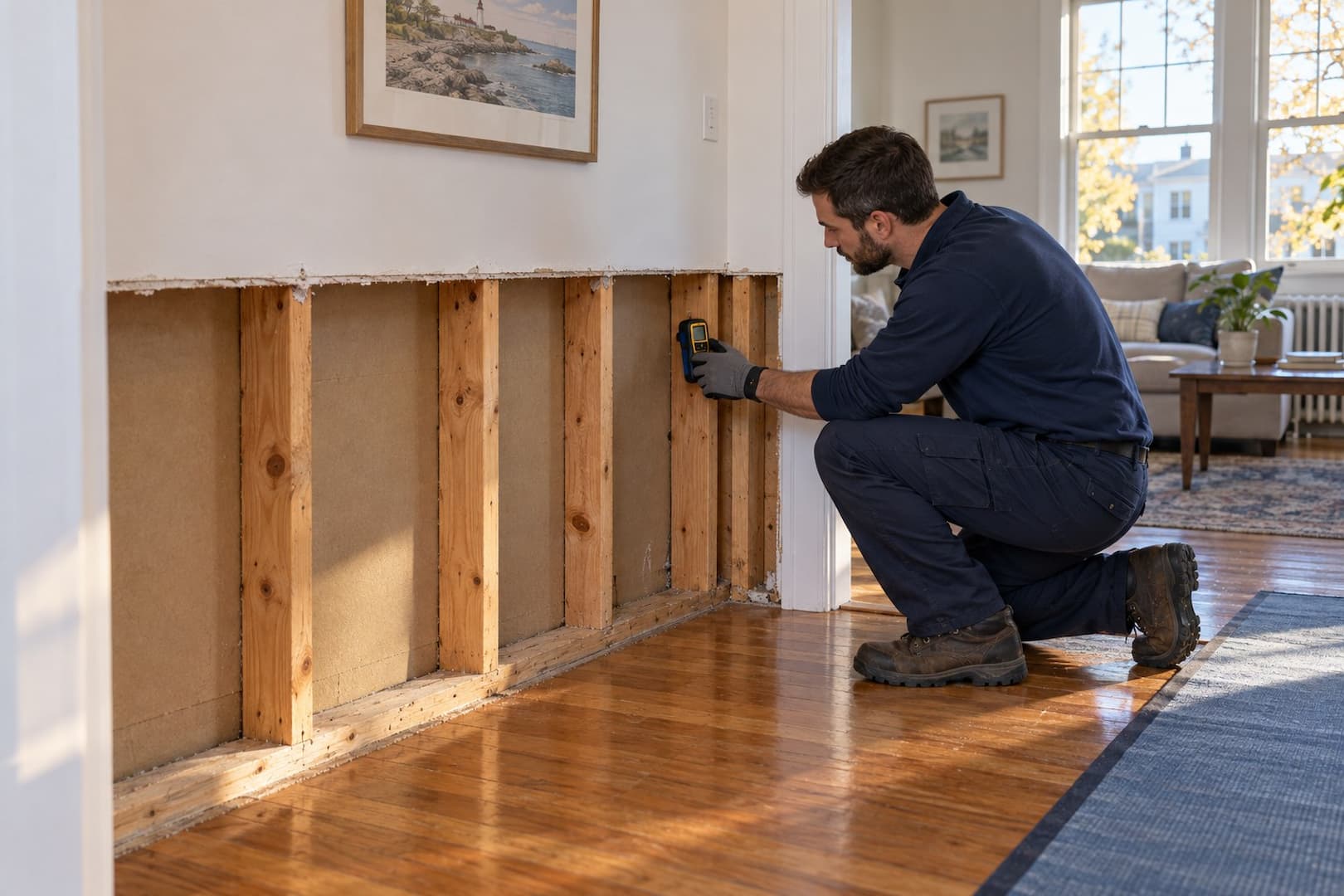 Restoration technician reviewing a dry exposed wall assembly in a bright room