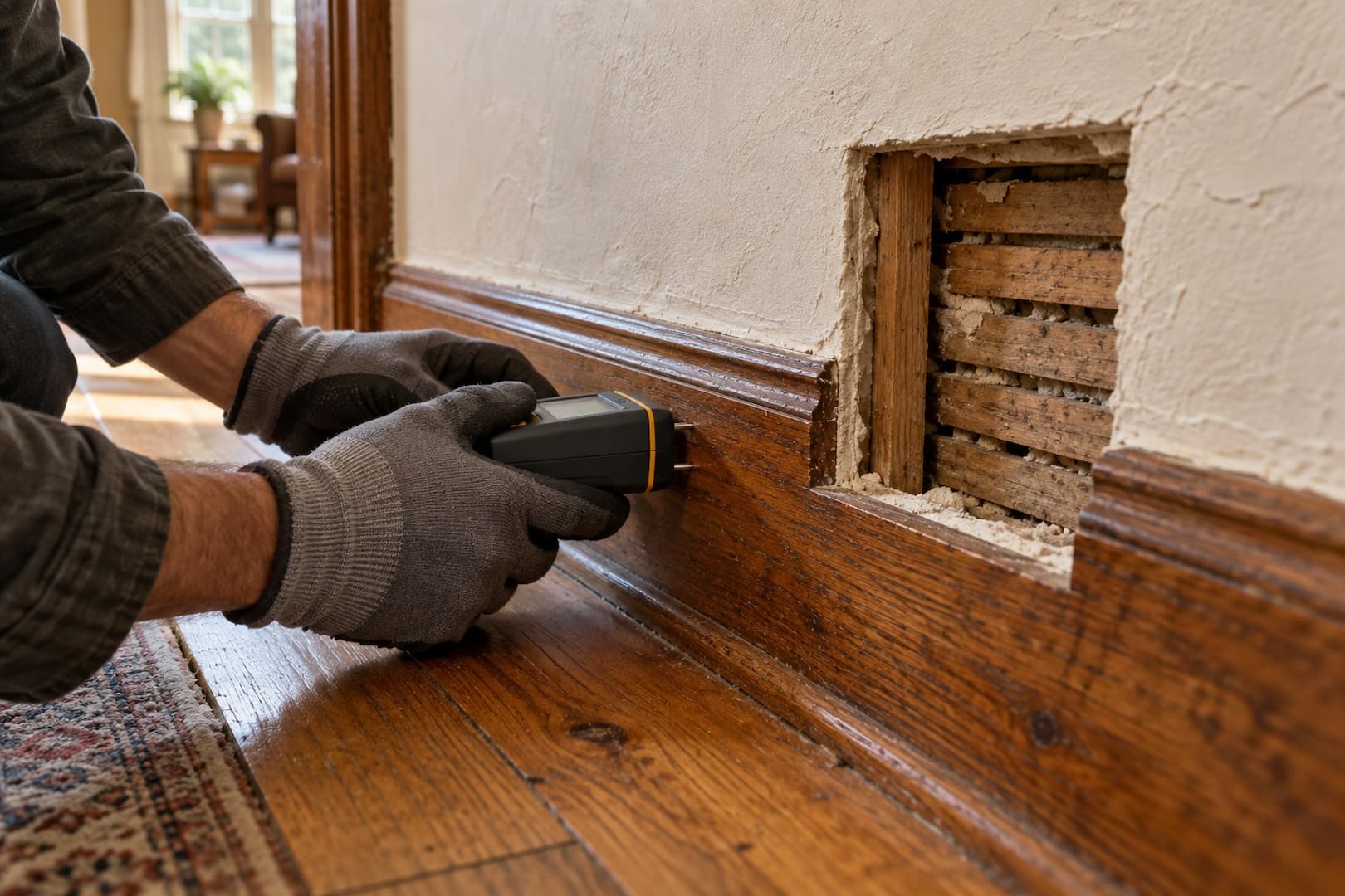 Gloved hands checking original wood trim beside a carefully opened plaster wall