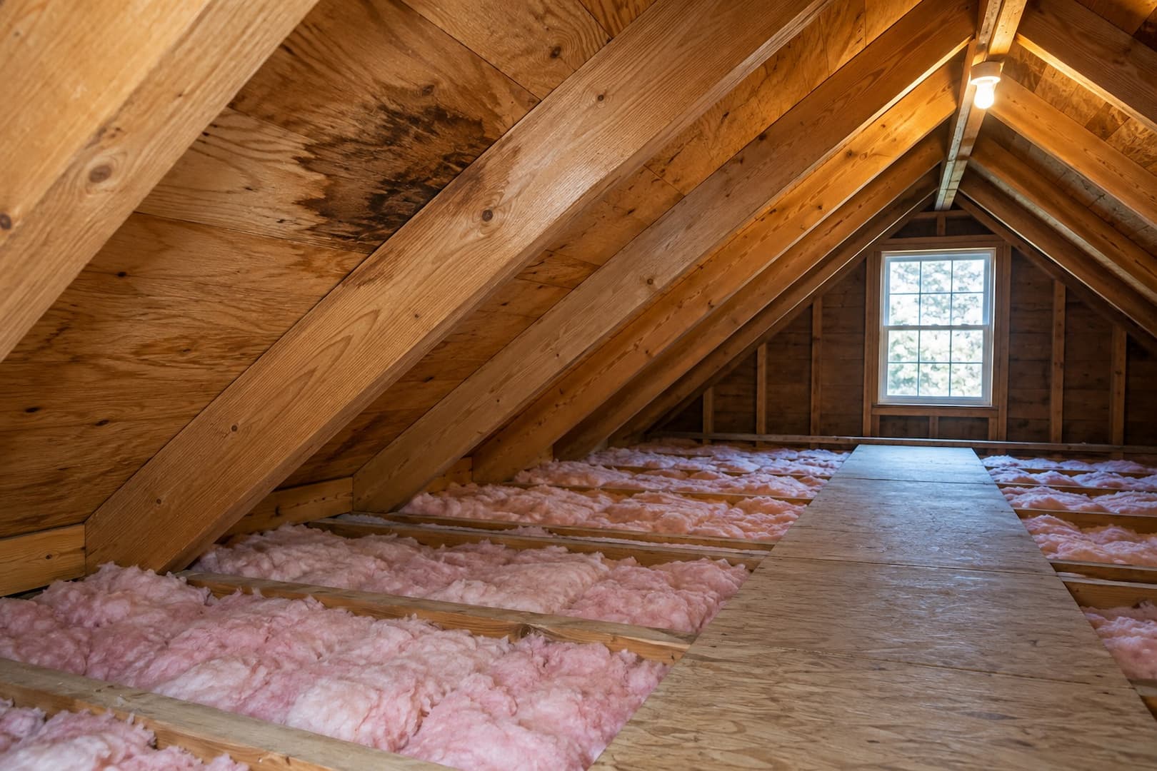 Timber attic roof framing, insulation and a clear walkway beneath stained roof sheathing