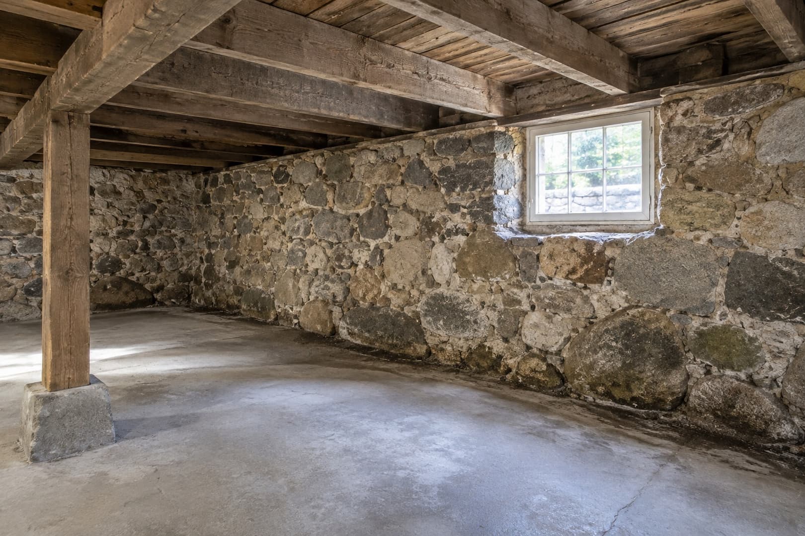 Older stone basement wall meeting timber floor framing in a clean inspection area