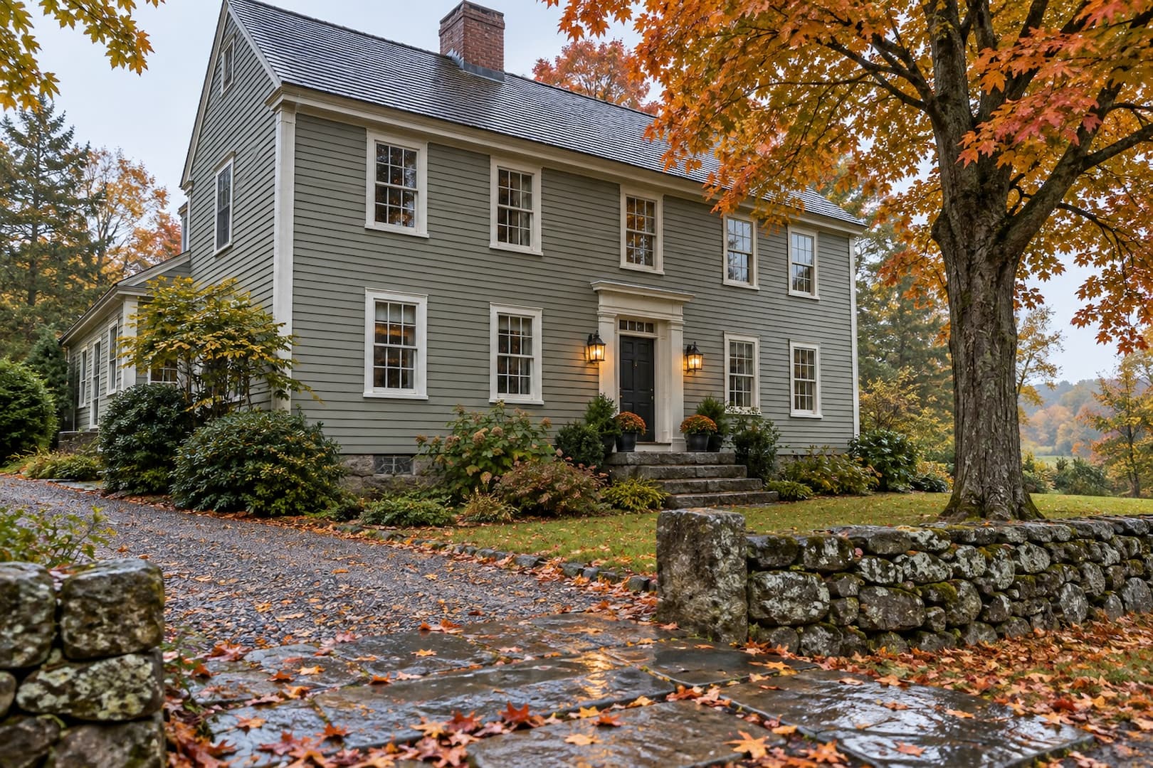 Traditional New England clapboard house beside a stone wall and autumn trees