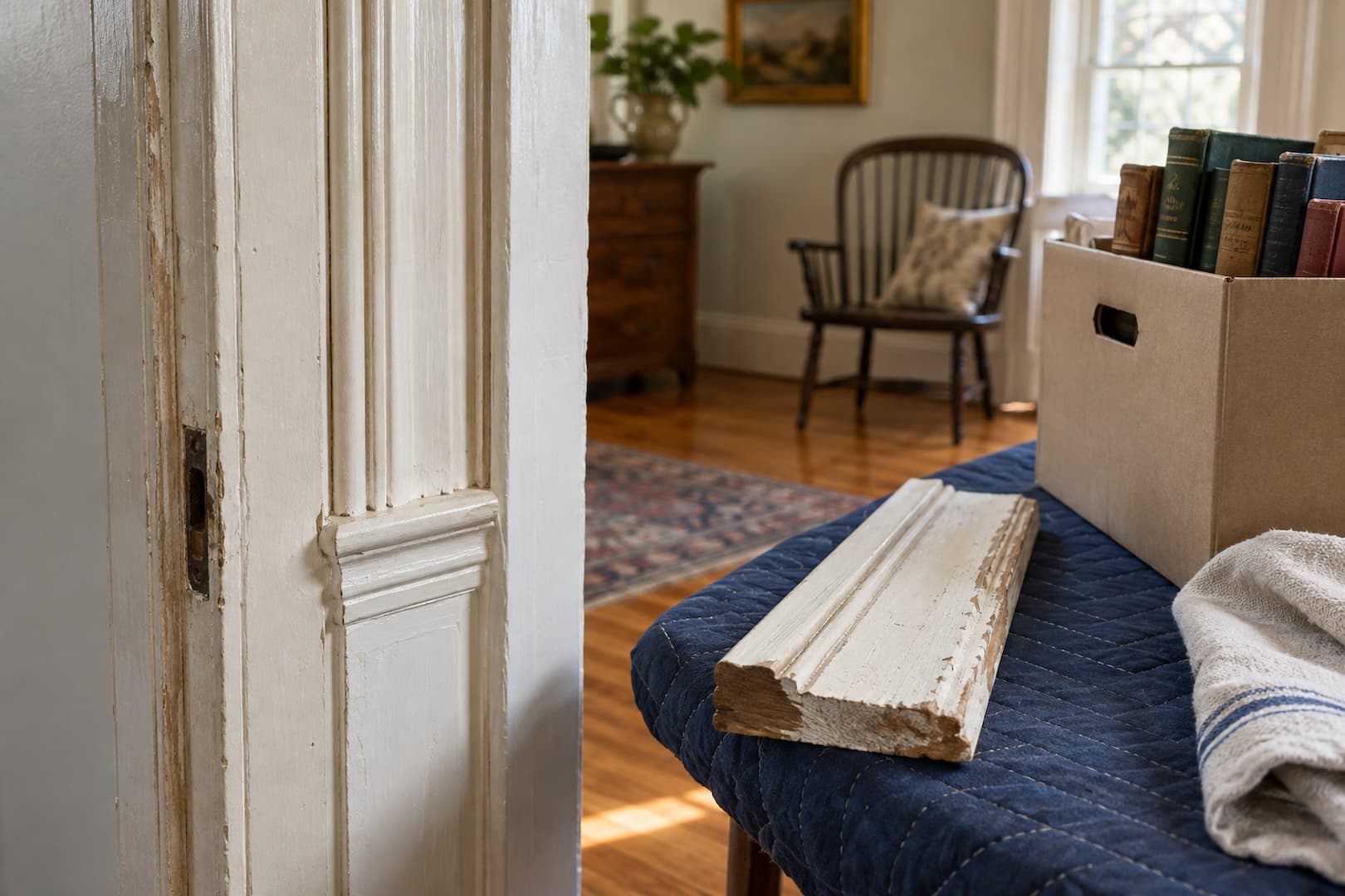 Wood door trim and household contents arranged for a condition assessment
