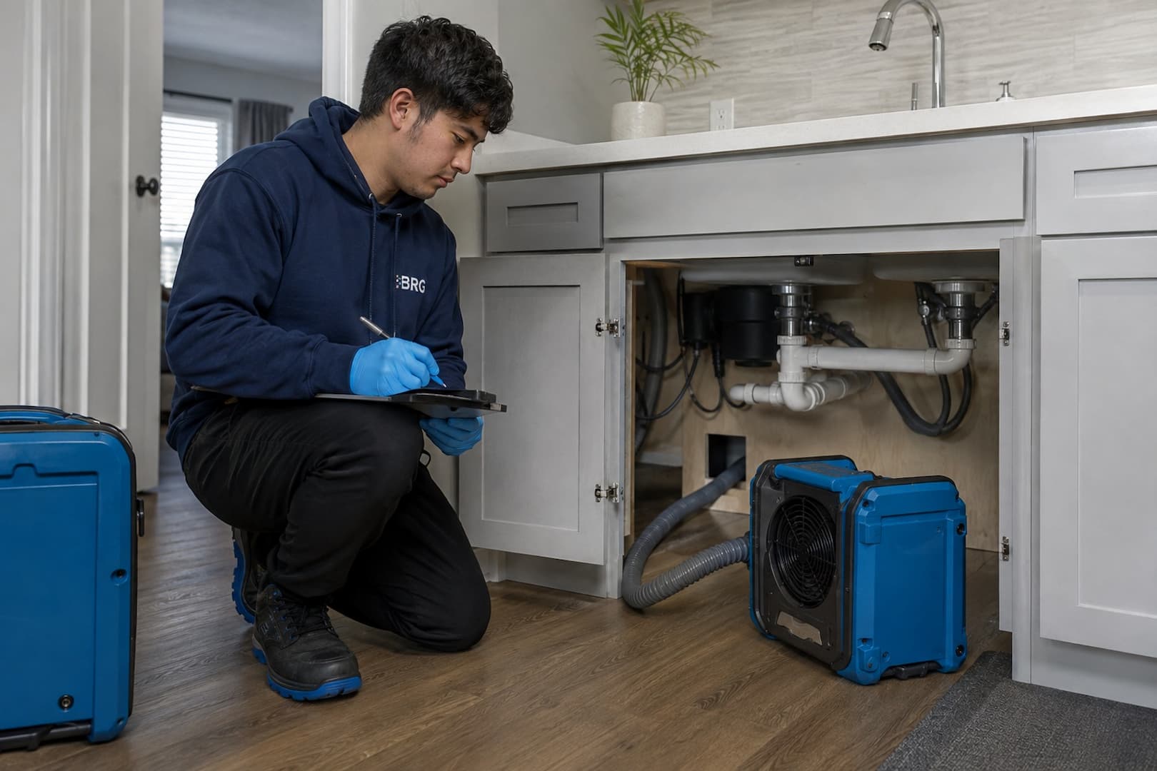 Controlled cabinet and wall drying after a sink leak