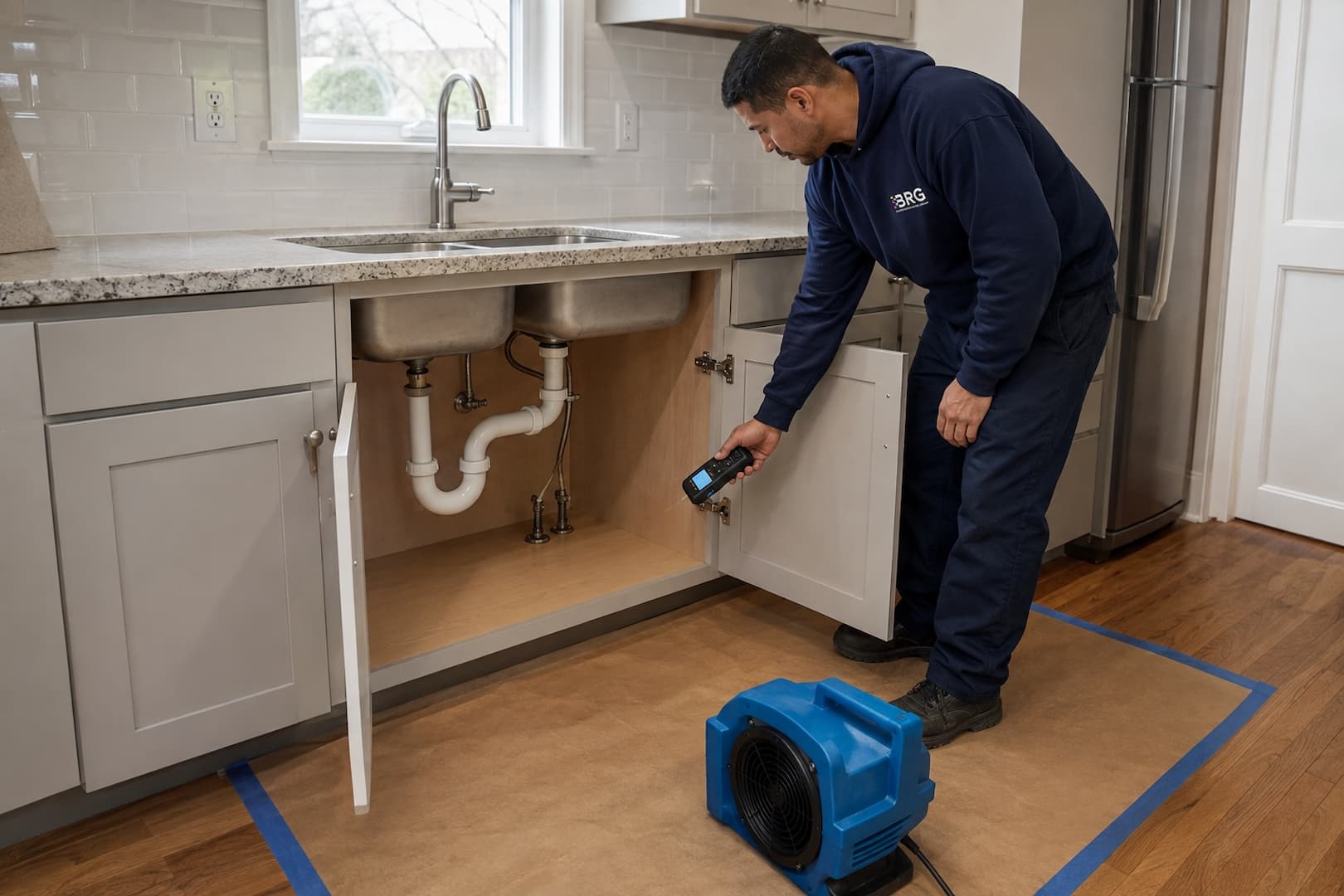 BRG technician assessing water damage under a kitchen sink in Boston