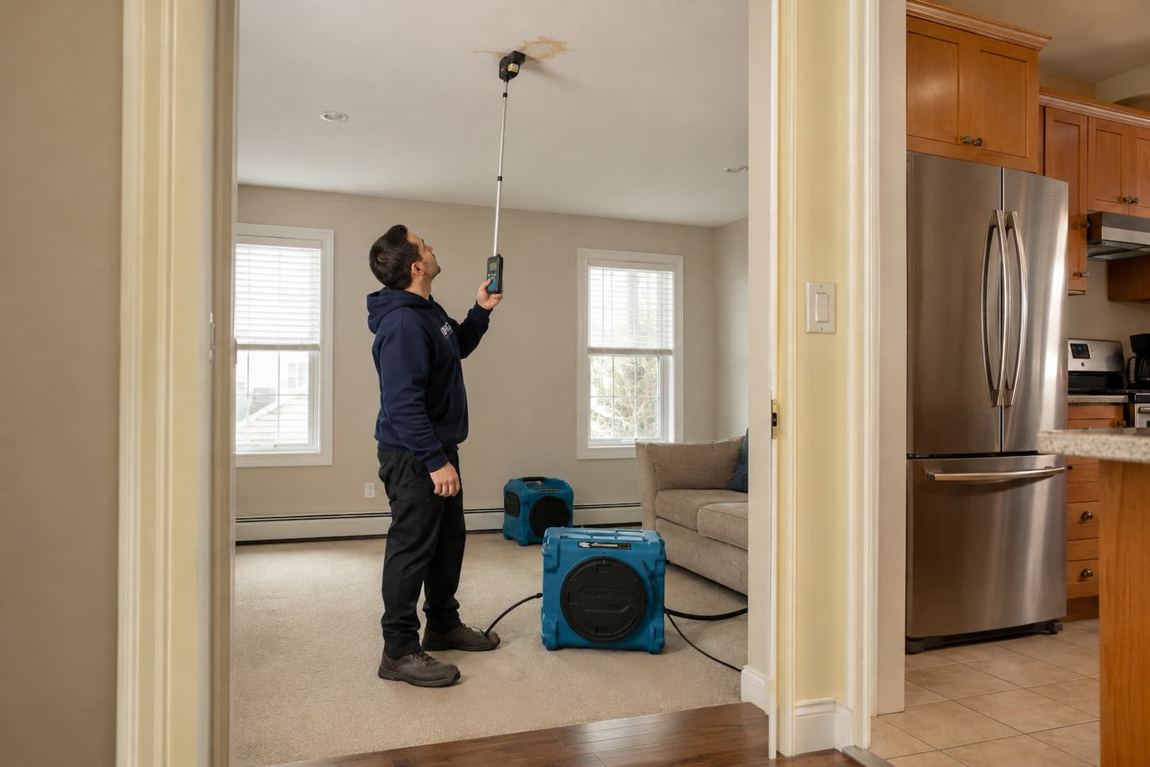 BRG checking flooring and ceiling below a kitchen sink leak