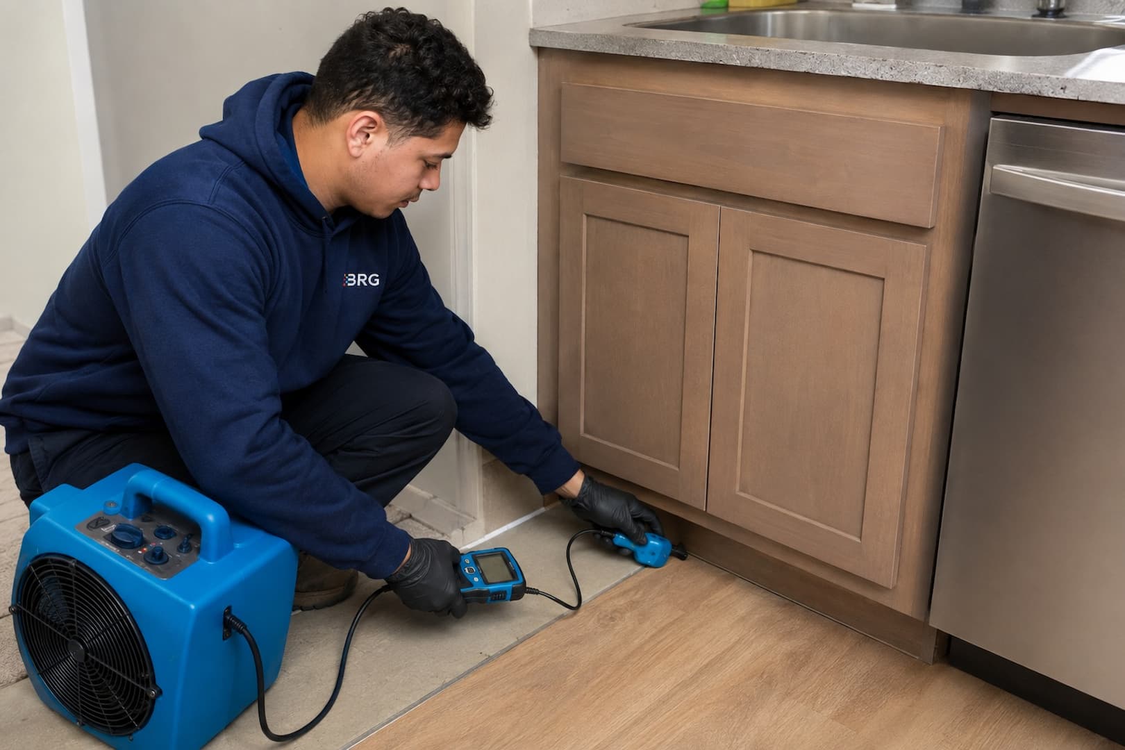 Technician tracing sink leak moisture through cabinet and toe-kick