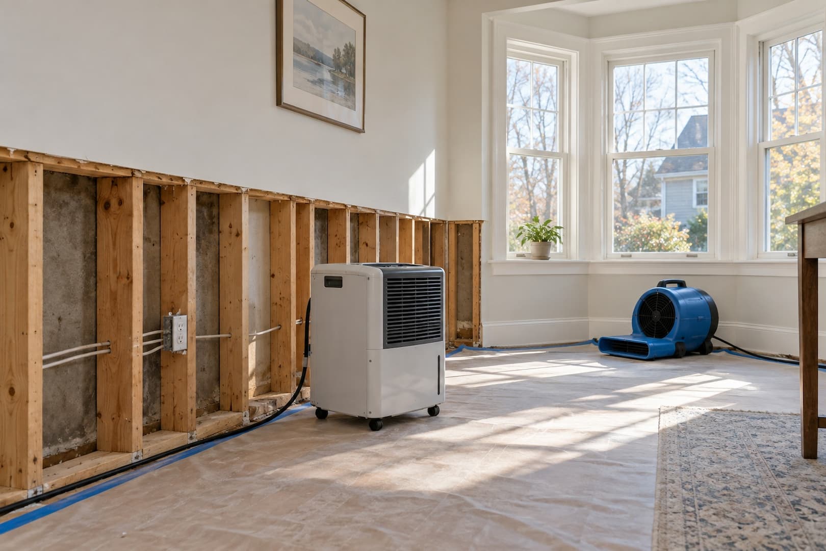 Dehumidifier and air mover beside an opened wall in a sunlit room