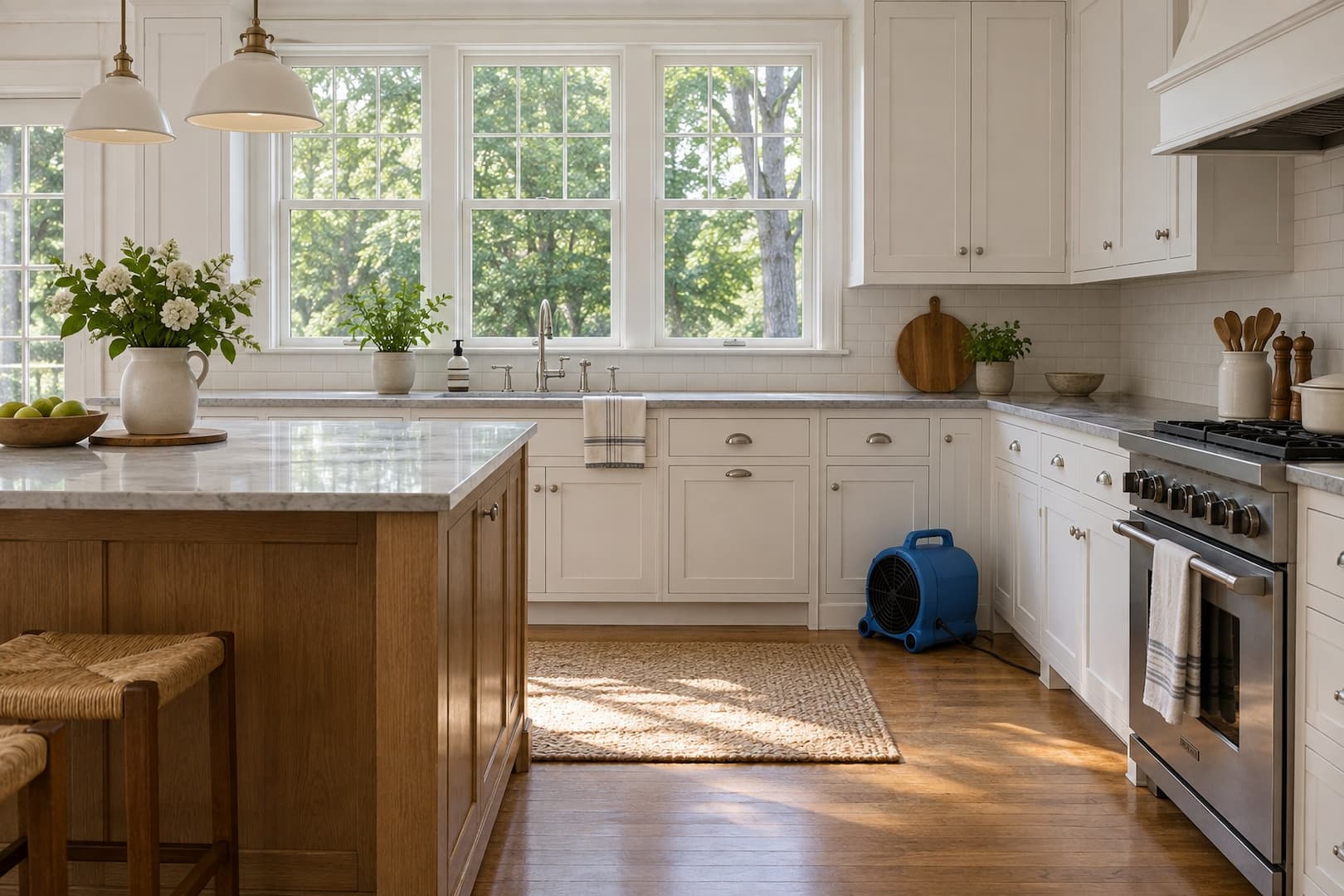 Daylit traditional kitchen with white cabinets and oak flooring in a New England home