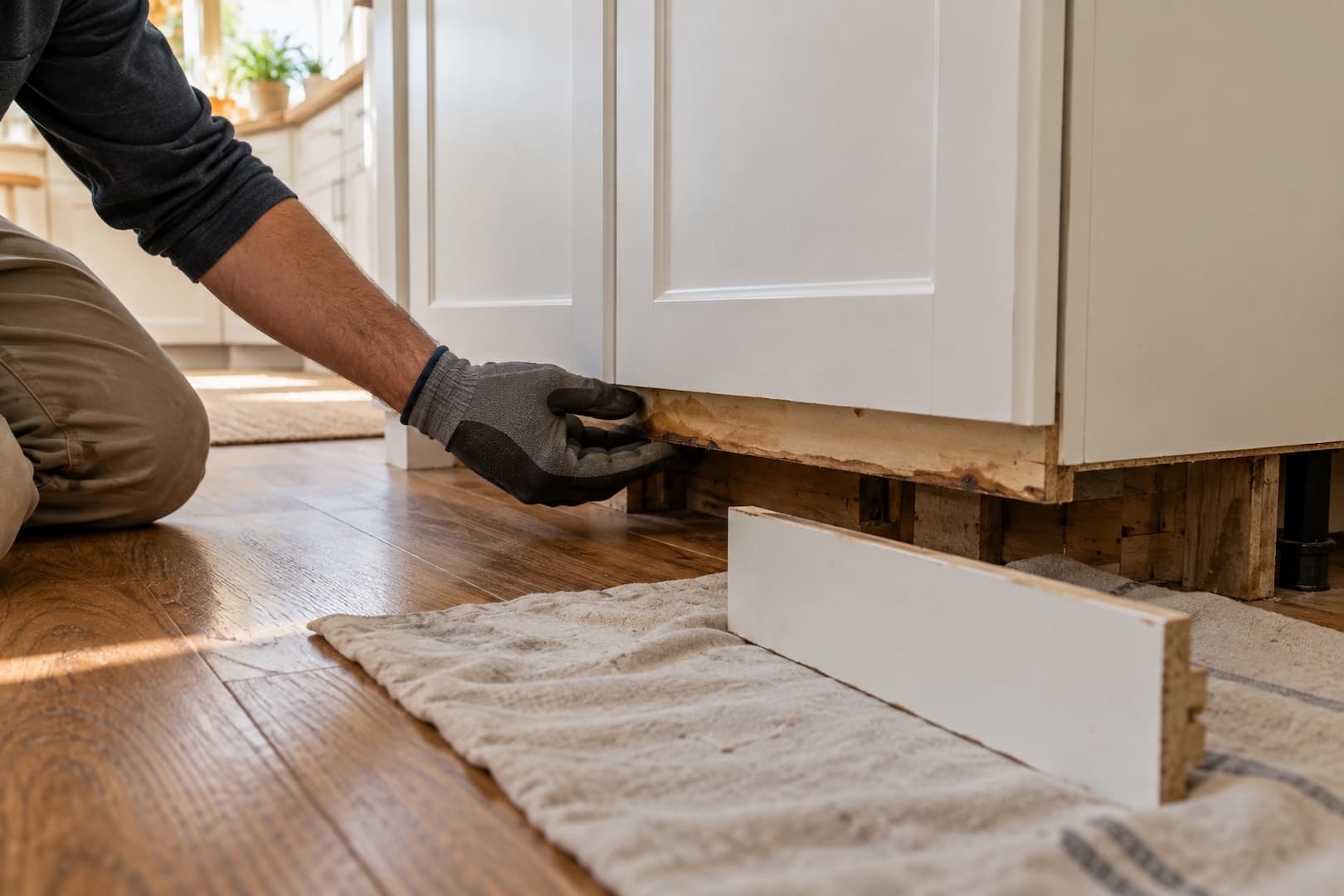 Gloved hand examining the lower edge of wood cabinetry beside an opened toe kick