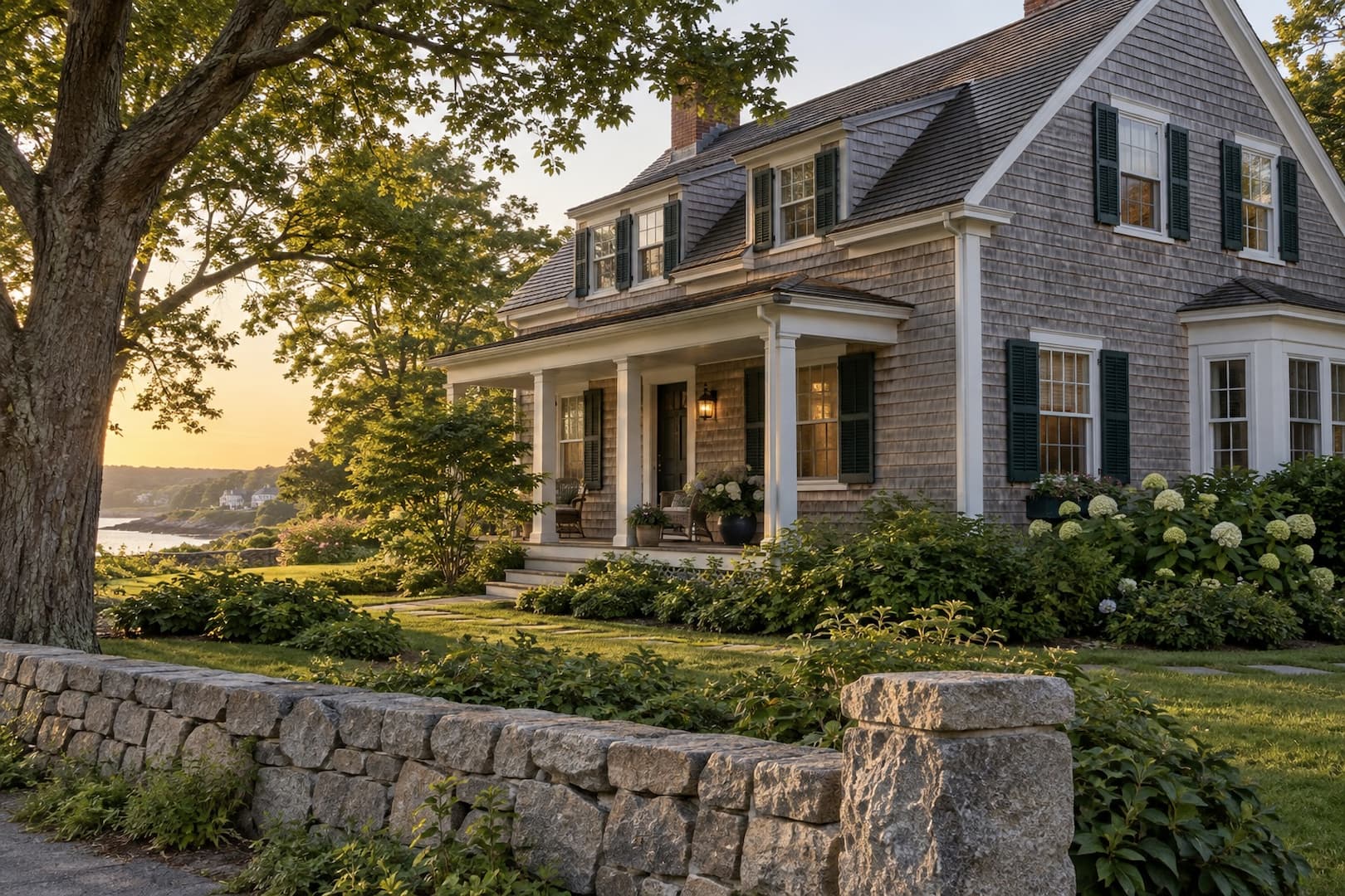 Traditional coastal house with cedar shingles, stone garden wall and mature trees