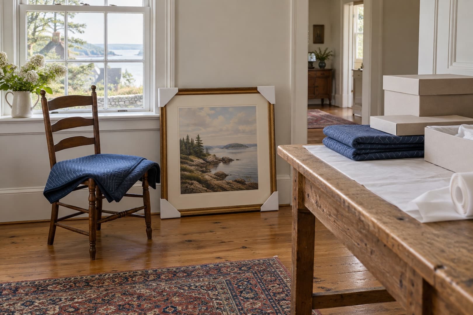 Wood chair and framed picture protected beside carefully packed household contents